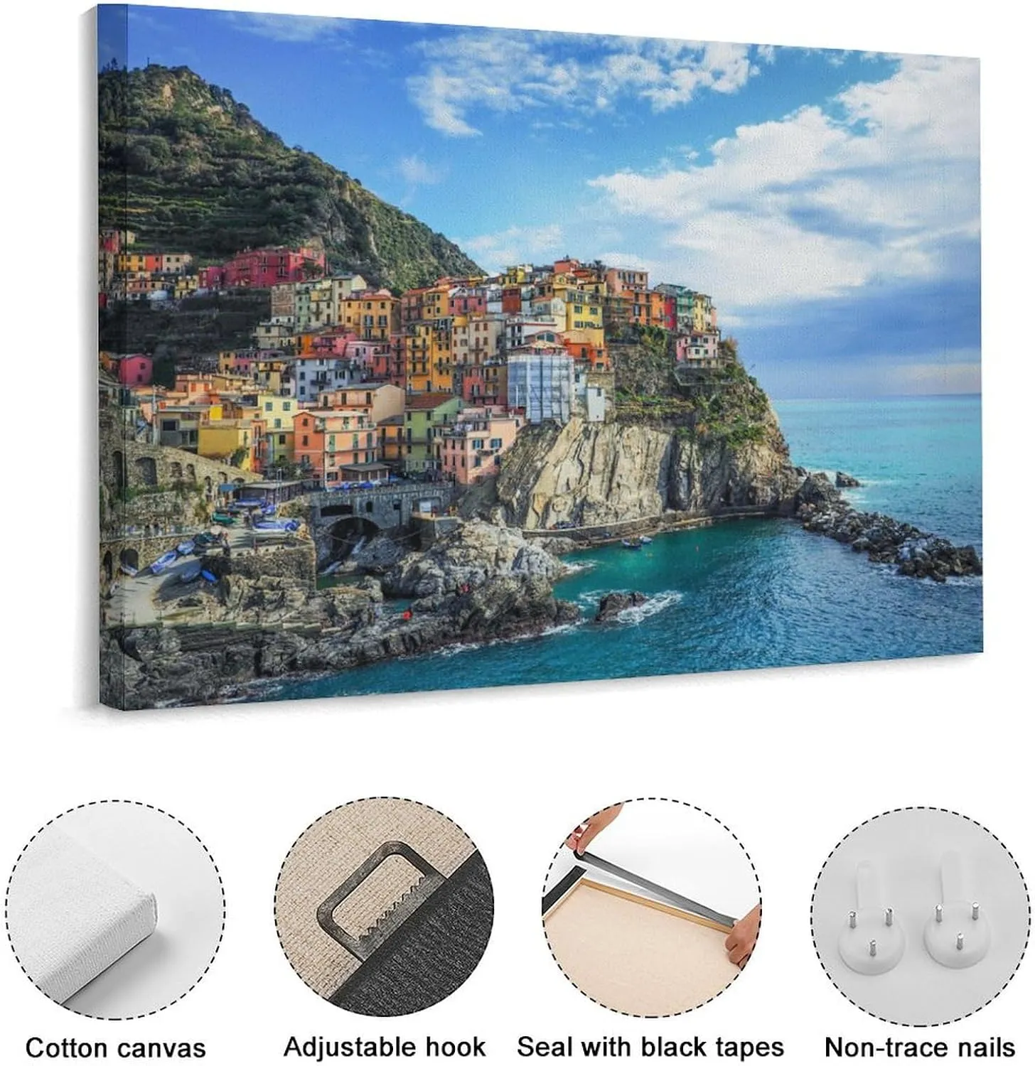 Manarola at Cinque Terre Canvas Wall Art Print For Bathroom Bedroom Living Room Framed Canvas Poster Picture Painting Hotel Restaurant Bar Office Home Wall Decor 12x16 Inch