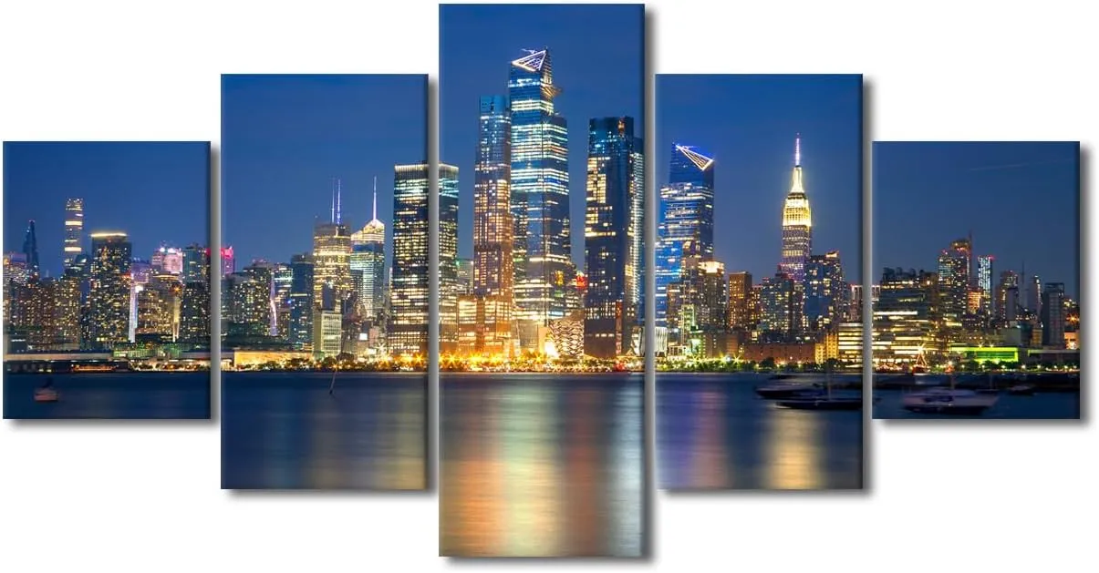 Manhattan Wall Art for Living Room Hudson Posters for Room Aesthetic Hudson City Reflection in Water Wall Decor for Bedroom Artwork Paintings Stretched and Framed Ready to Hang (60"Wx32"H)