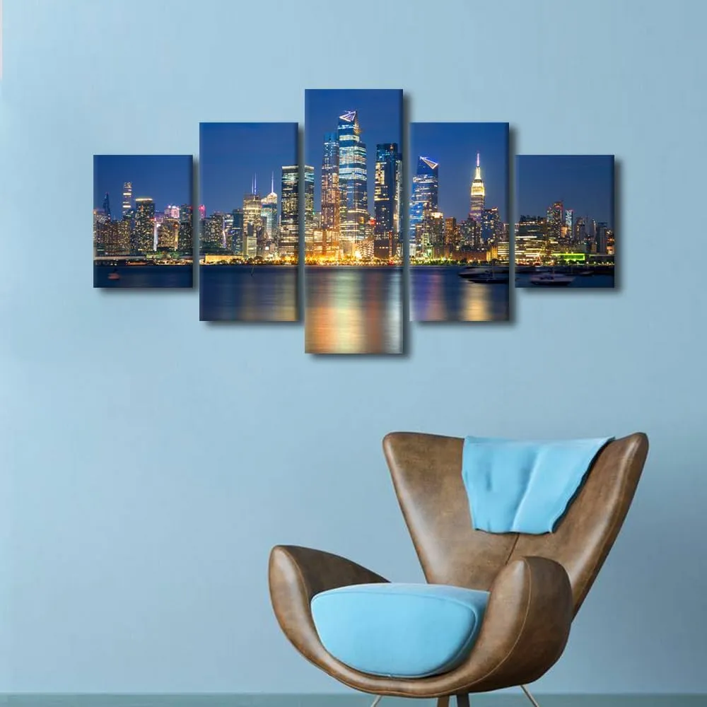Manhattan Wall Art for Living Room Hudson Posters for Room Aesthetic Hudson City Reflection in Water Wall Decor for Bedroom Artwork Paintings Stretched and Framed Ready to Hang (60"Wx32"H)