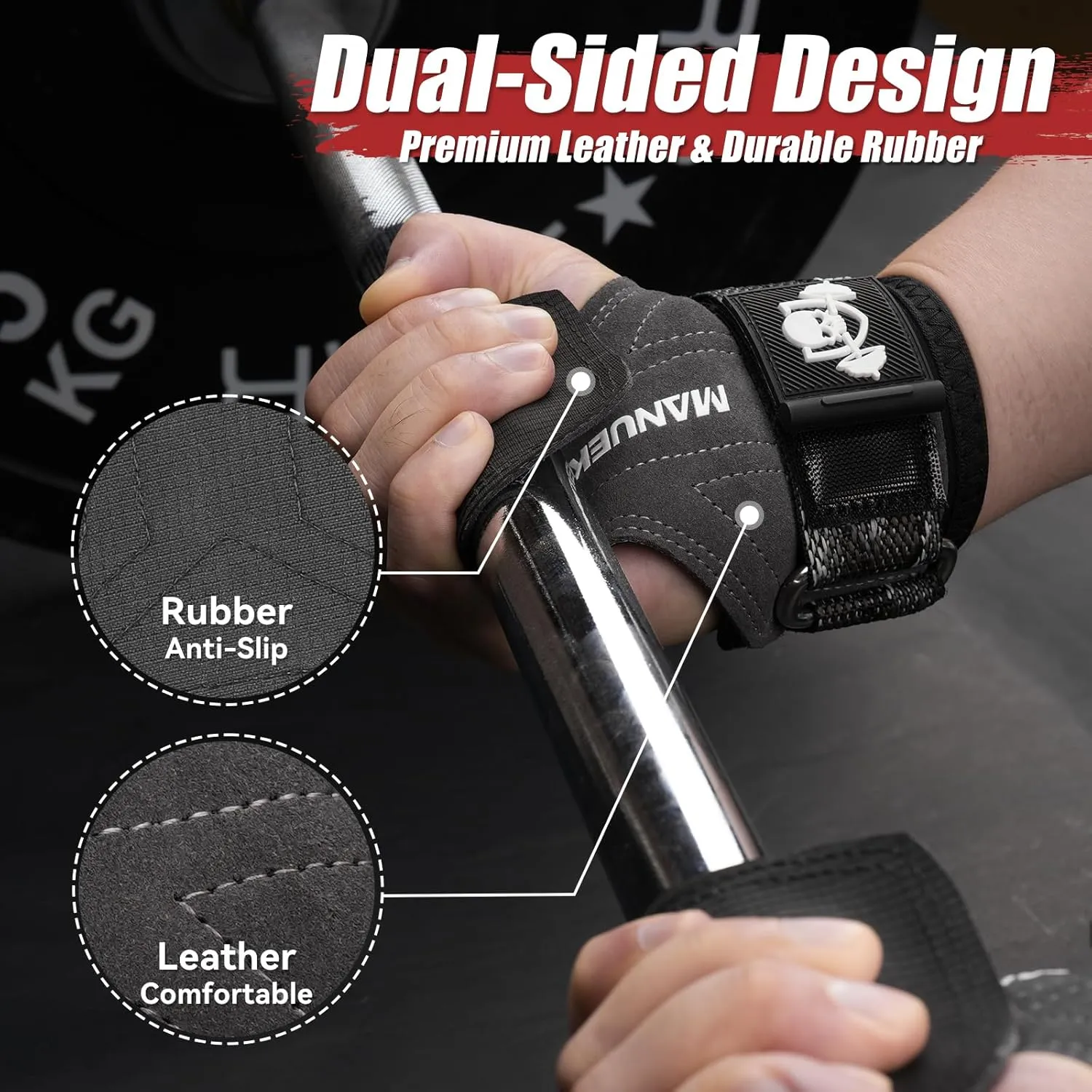 MANUEKLEAR Gym Straps Weight Lifting, Double Leather Lifting Straps for Men Deadlift with Cushion Wrist Loop, Gym Lifting Wrist Wraps for Weightlifting