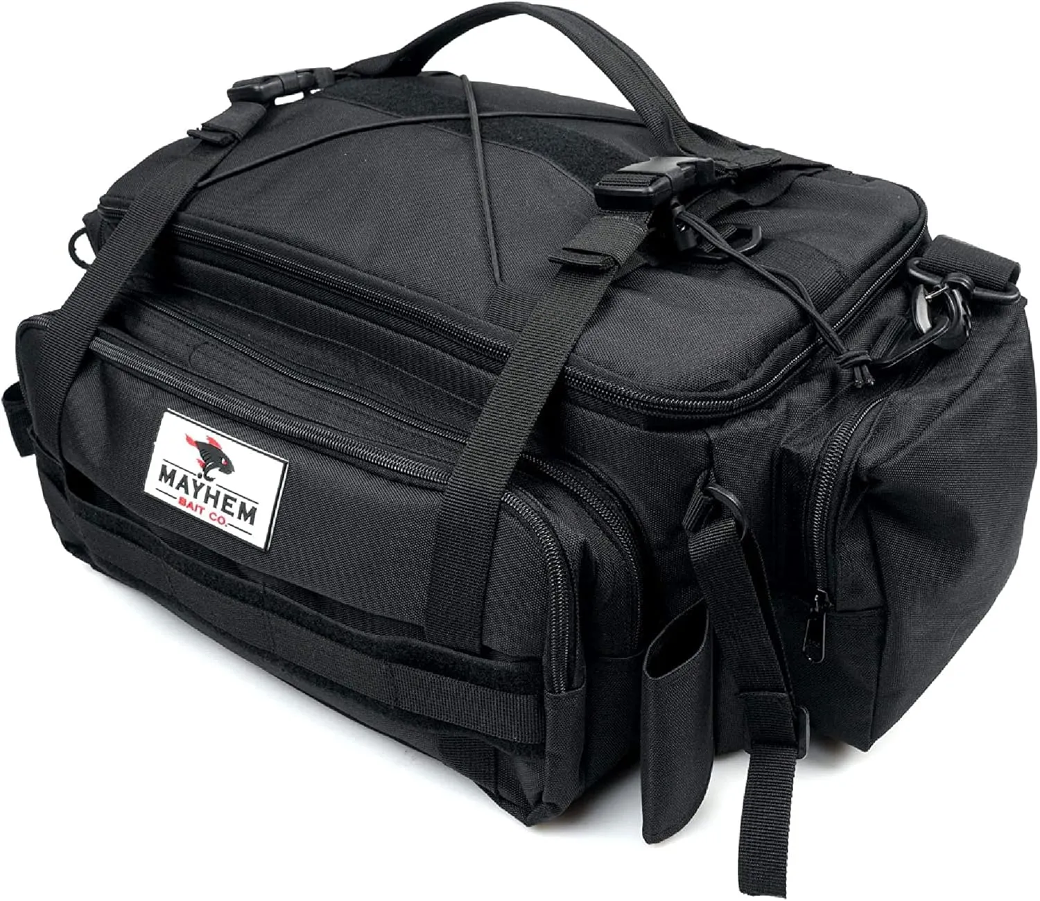 Mayhem Bait Co Fishing Tackle Bag Storage Box Set with Rod Holder, (3) 3700 Plastic Tackle Box Organizer Trays and BONUS 3 packs of Premium Soft Plastics Included