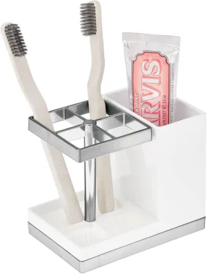 mDesign Plastic Toothbrush and Toothpaste Storage Organizer Holder - Home Decor for Bathroom Countertop - Holds Toiletries and Beauty Accessories - Lumiere Collection - White/Chrome