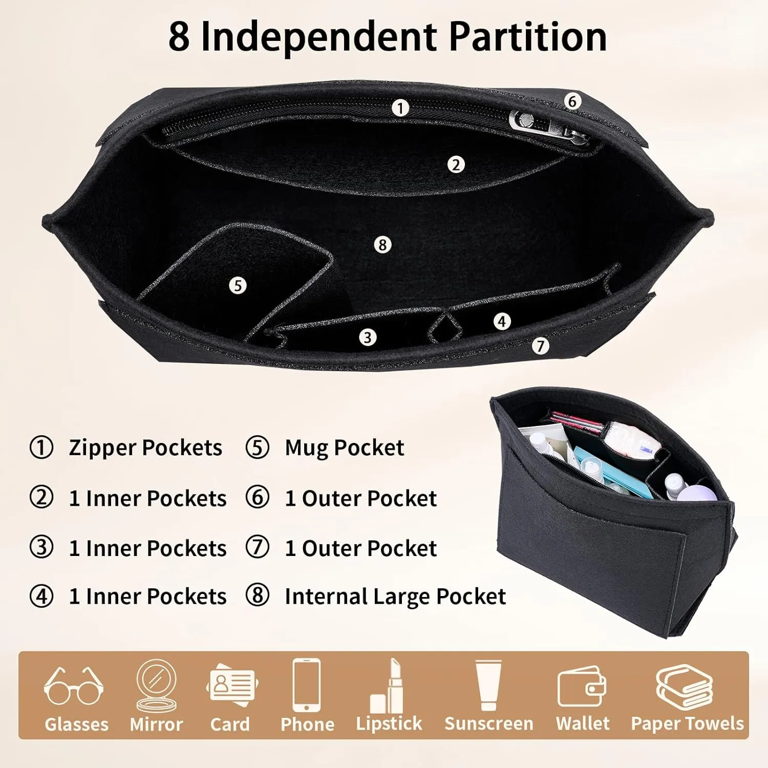 Medium Black Felt Bag Organizer for Longchamp Tote, Storage & Finishing Inner Bag, Zipper Closure