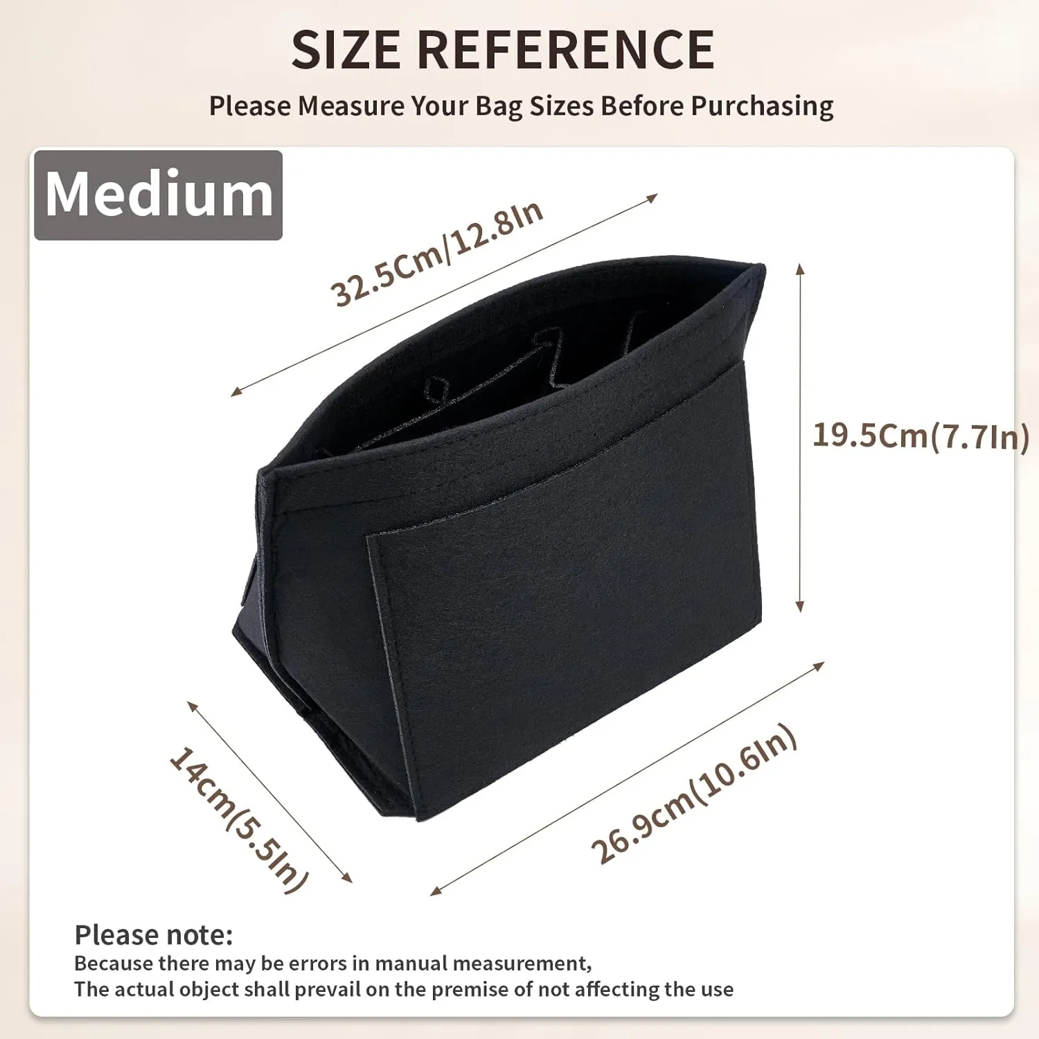 Medium Black Felt Bag Organizer for Longchamp Tote, Storage & Finishing Inner Bag, Zipper Closure