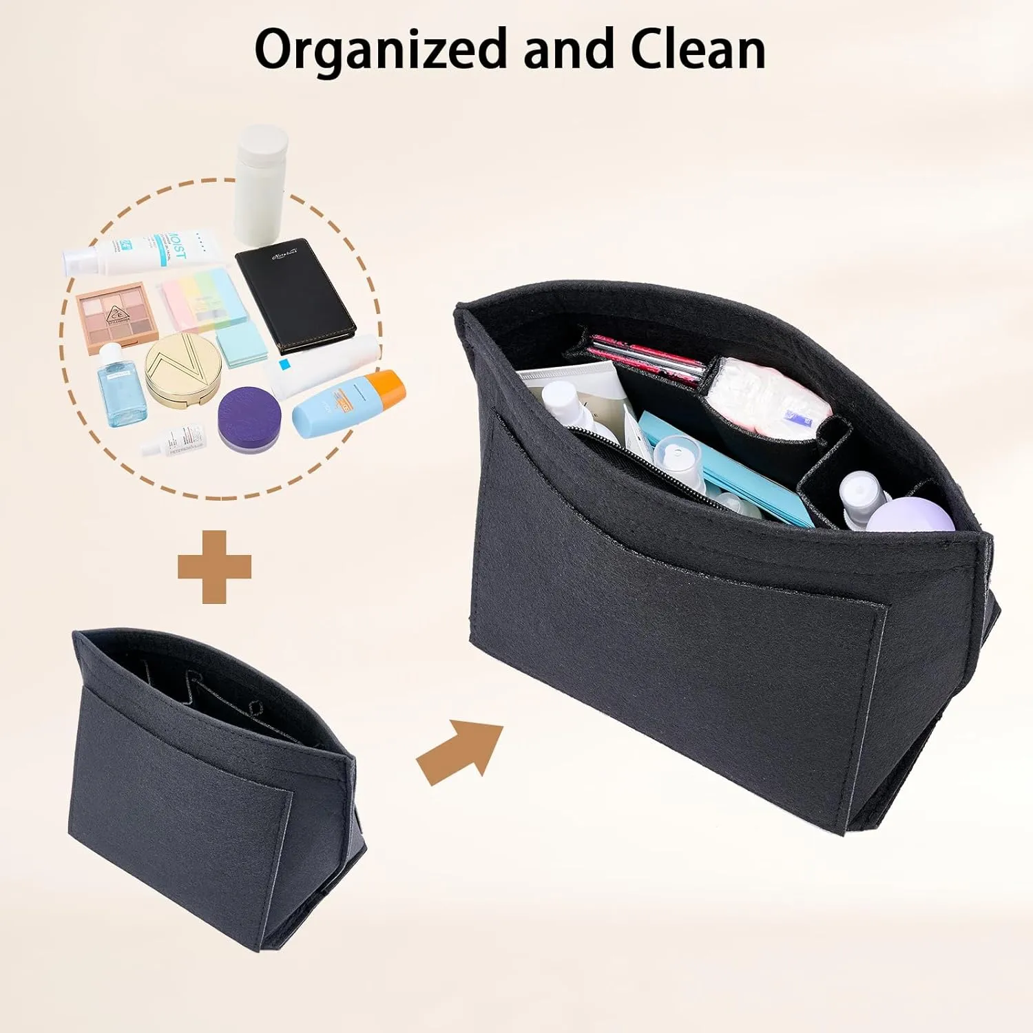 Medium Black Felt Bag Organizer for Longchamp Tote, Storage & Finishing Inner Bag, Zipper Closure