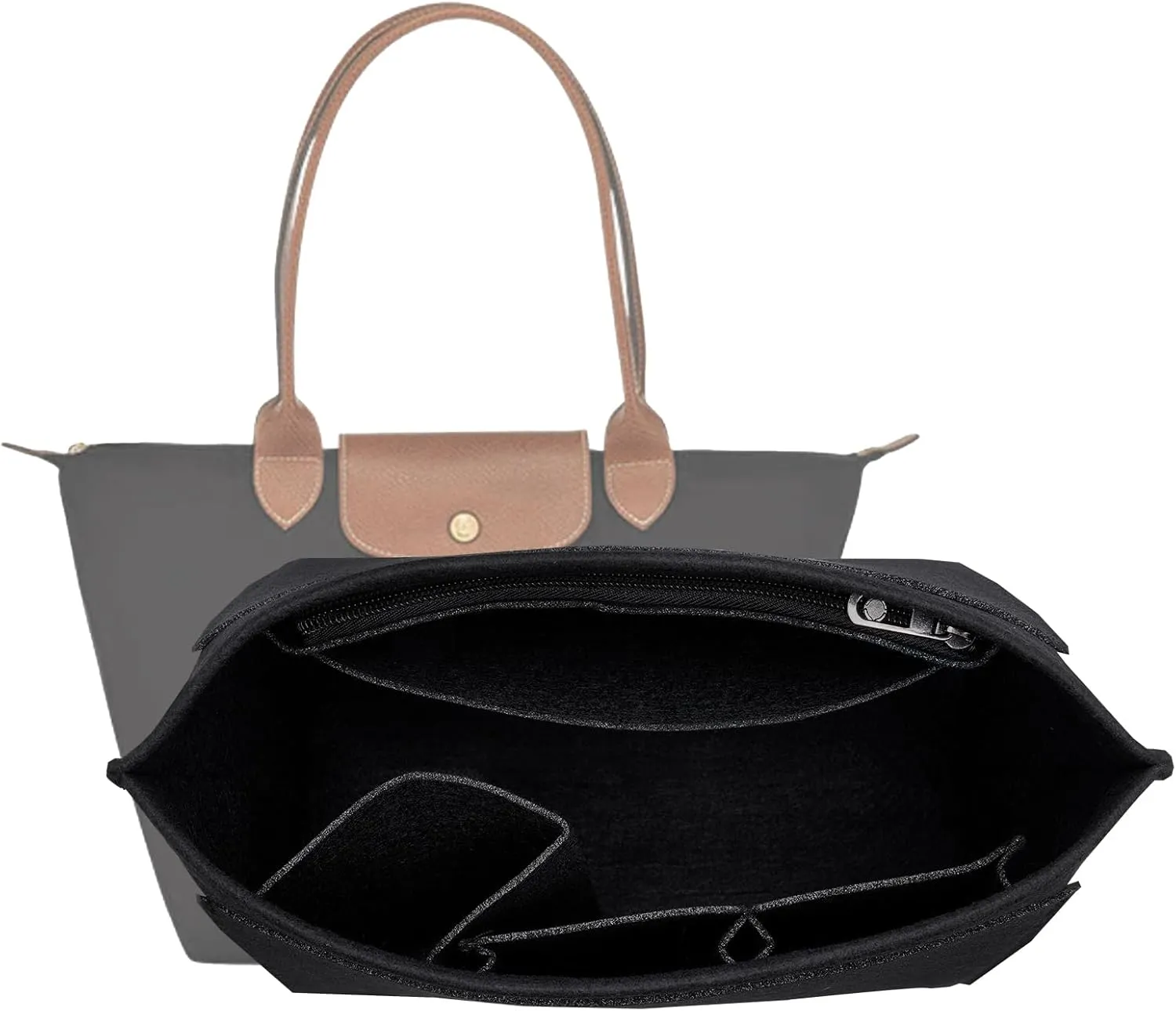 Medium Black Felt Bag Organizer for Longchamp Tote, Storage & Finishing Inner Bag, Zipper Closure