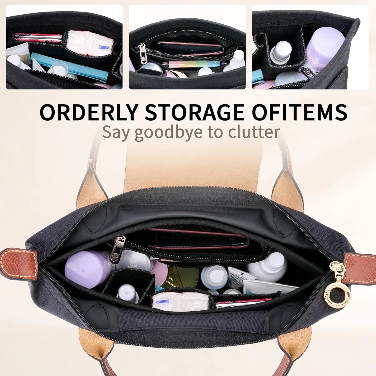 Medium Black Felt Bag Organizer for Longchamp Tote, Storage & Finishing Inner Bag, Zipper Closure