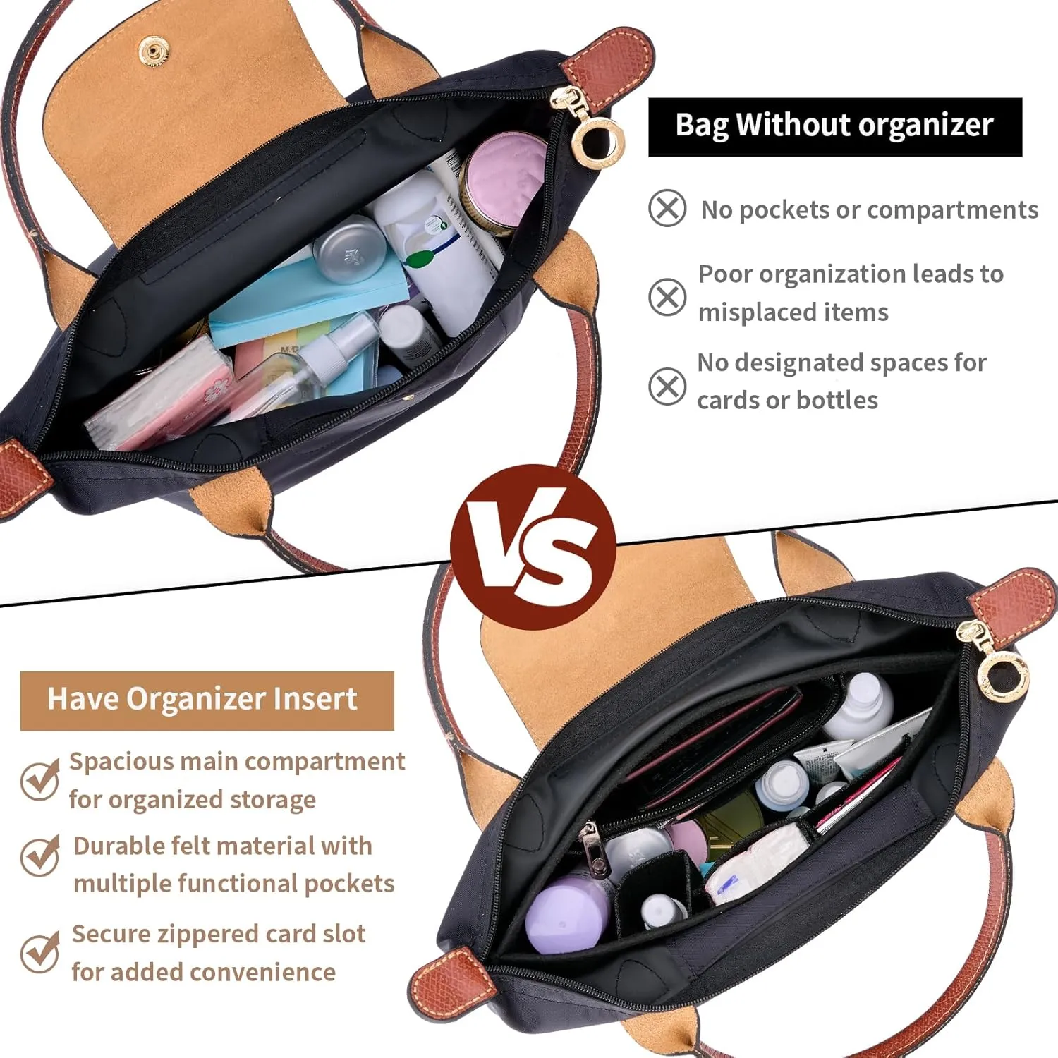 Medium Black Felt Bag Organizer for Longchamp Tote, Storage & Finishing Inner Bag, Zipper Closure