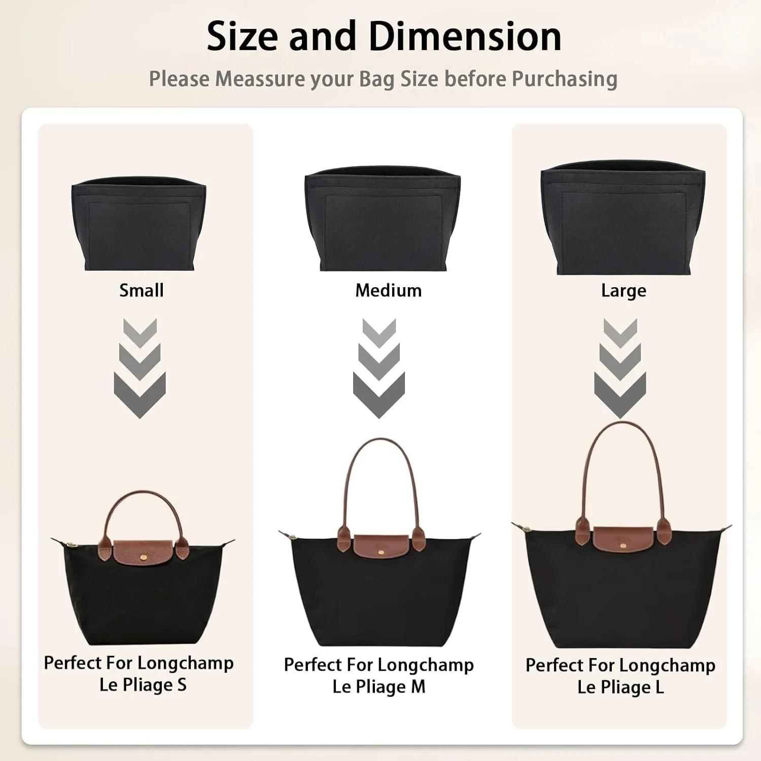 Medium Black Felt Bag Organizer for Longchamp Tote, Storage & Finishing Inner Bag, Zipper Closure