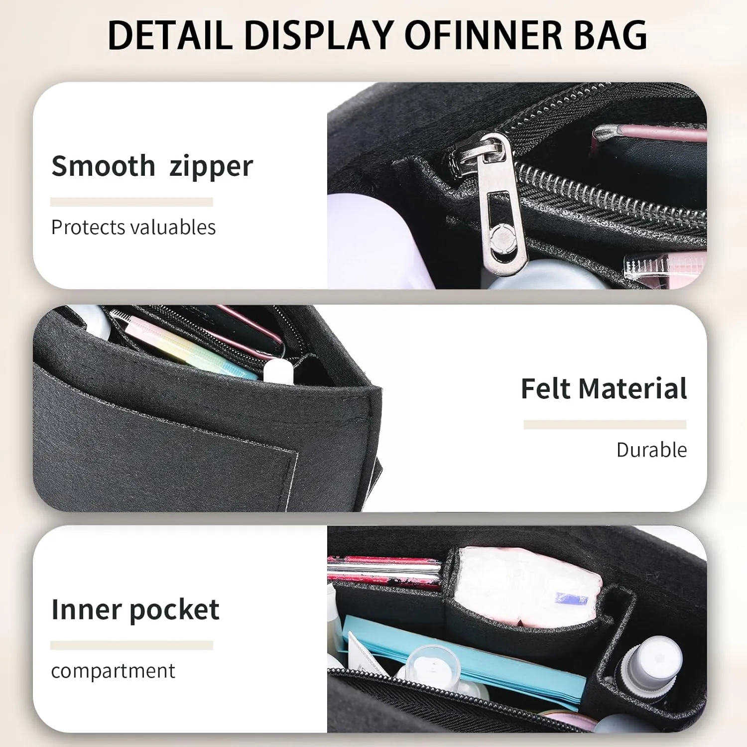 Medium Black Felt Bag Organizer for Longchamp Tote, Storage & Finishing Inner Bag, Zipper Closure