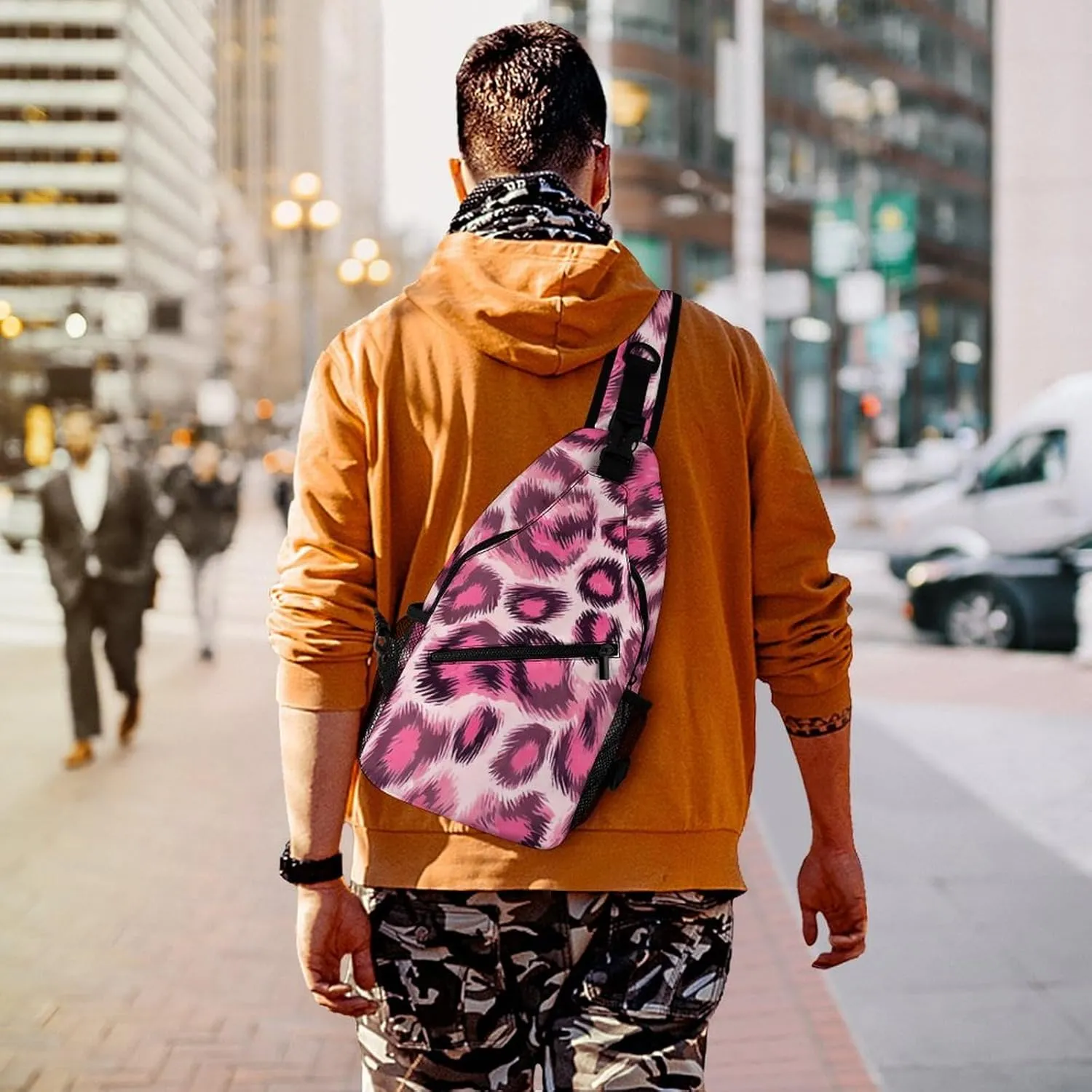 Men & Women Gym Crossbody Sack Satchel Outdoor Hiking Bag, Animal Skin Fur Camouflage Pink Leopard Print Sling Backpack Rucksack for Outdoors Running Climbing - Handy Tote Bags