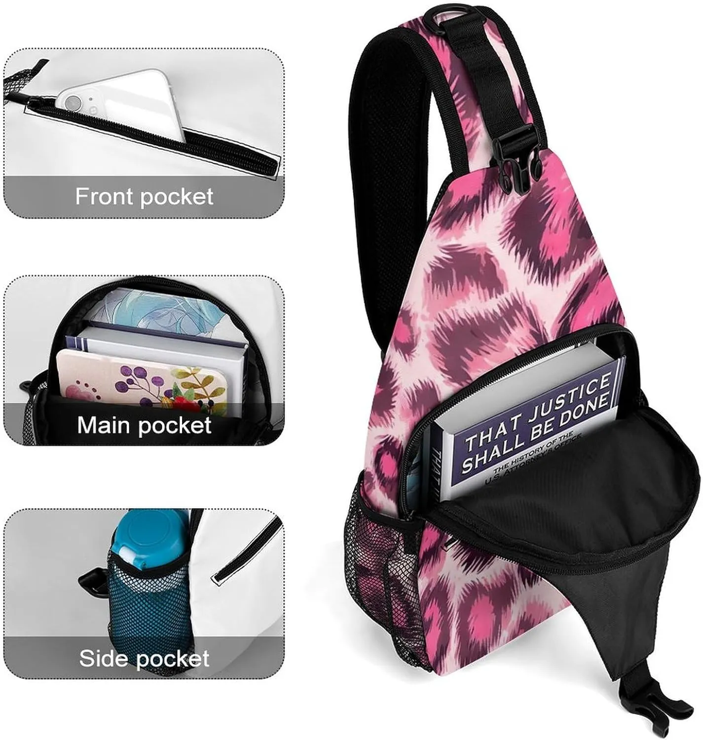 Men & Women Gym Crossbody Sack Satchel Outdoor Hiking Bag, Animal Skin Fur Camouflage Pink Leopard Print Sling Backpack Rucksack for Outdoors Running Climbing - Handy Tote Bags
