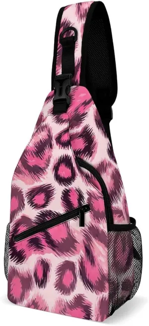 Men & Women Gym Crossbody Sack Satchel Outdoor Hiking Bag, Animal Skin Fur Camouflage Pink Leopard Print Sling Backpack Rucksack for Outdoors Running Climbing - Handy Tote Bags