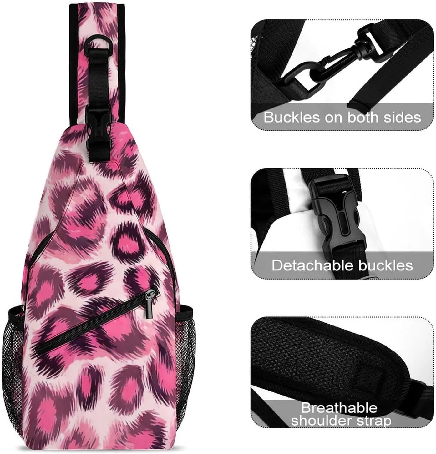Men & Women Gym Crossbody Sack Satchel Outdoor Hiking Bag, Animal Skin Fur Camouflage Pink Leopard Print Sling Backpack Rucksack for Outdoors Running Climbing - Handy Tote Bags