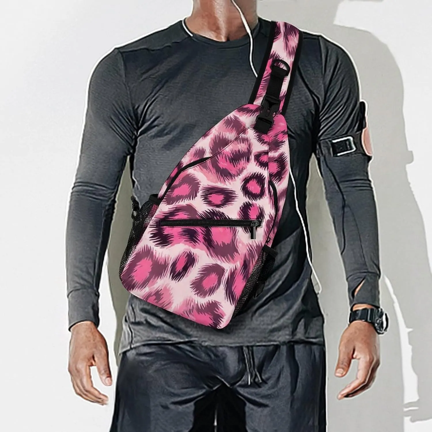 Men & Women Gym Crossbody Sack Satchel Outdoor Hiking Bag, Animal Skin Fur Camouflage Pink Leopard Print Sling Backpack Rucksack for Outdoors Running Climbing - Handy Tote Bags