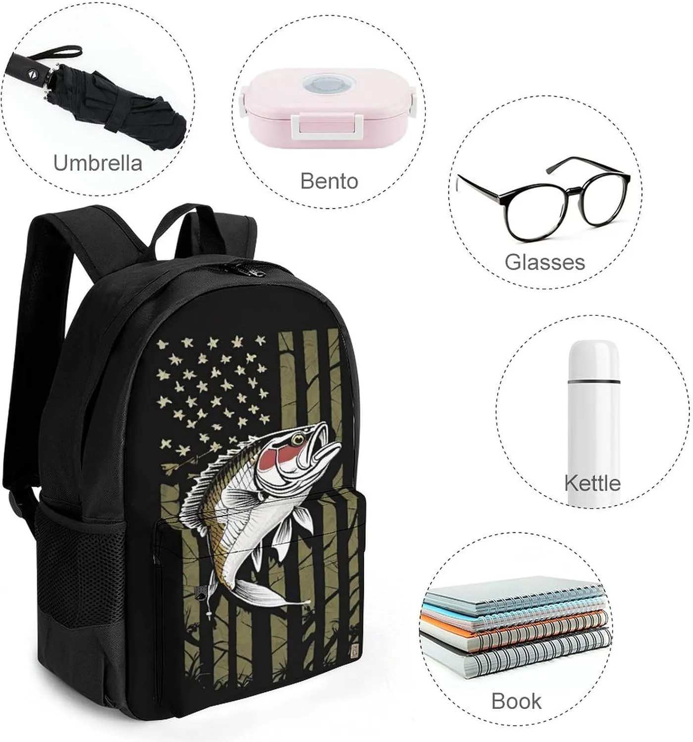 Men Women Lightweight Bass Fishing Lure Camo Camouflage American Fl Casual Daypack Big Capacity Bookbag With Padded Straps for Gym Travel Walking Cycling