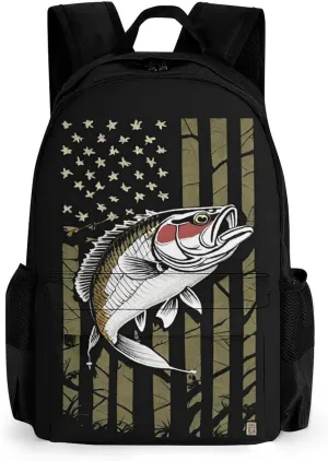 Men Women Lightweight Bass Fishing Lure Camo Camouflage American Fl Casual Daypack Big Capacity Bookbag With Padded Straps for Gym Travel Walking Cycling