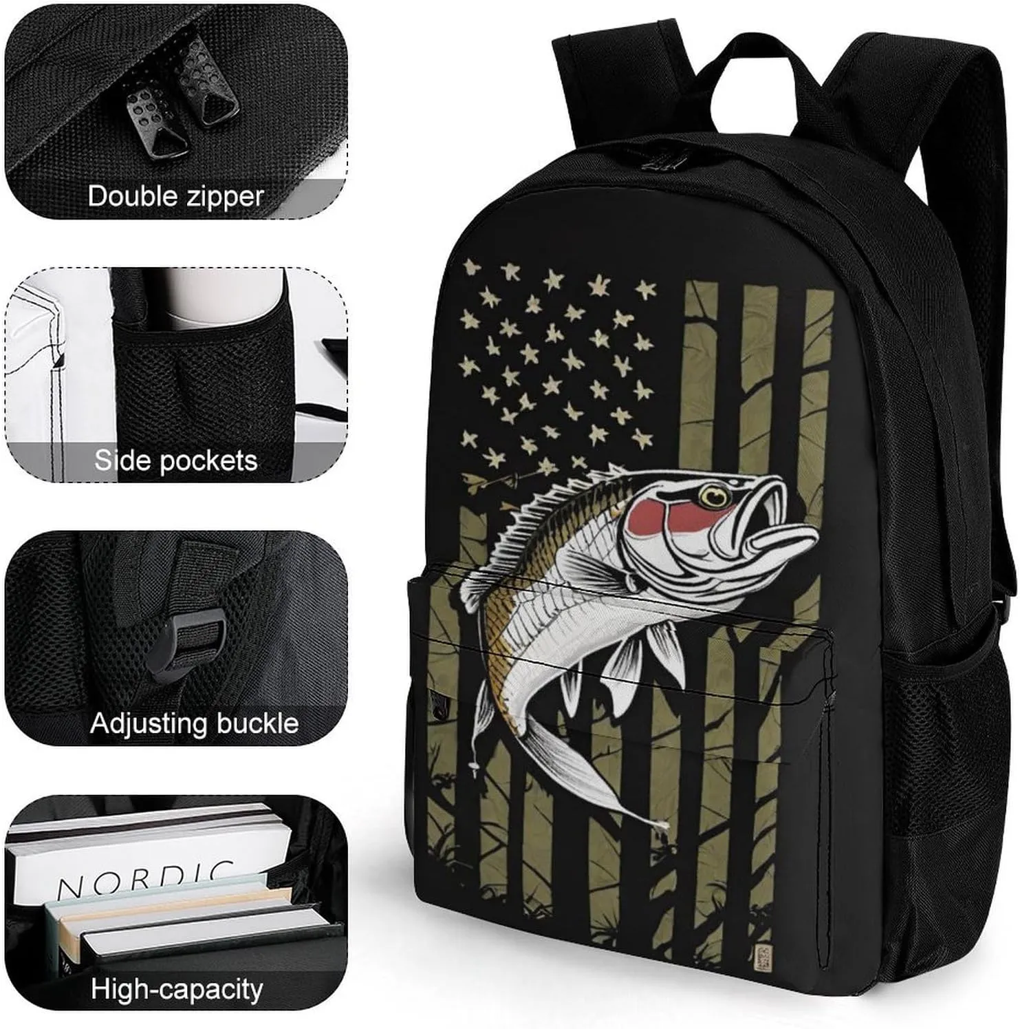 Men Women Lightweight Bass Fishing Lure Camo Camouflage American Fl Casual Daypack Big Capacity Bookbag With Padded Straps for Gym Travel Walking Cycling