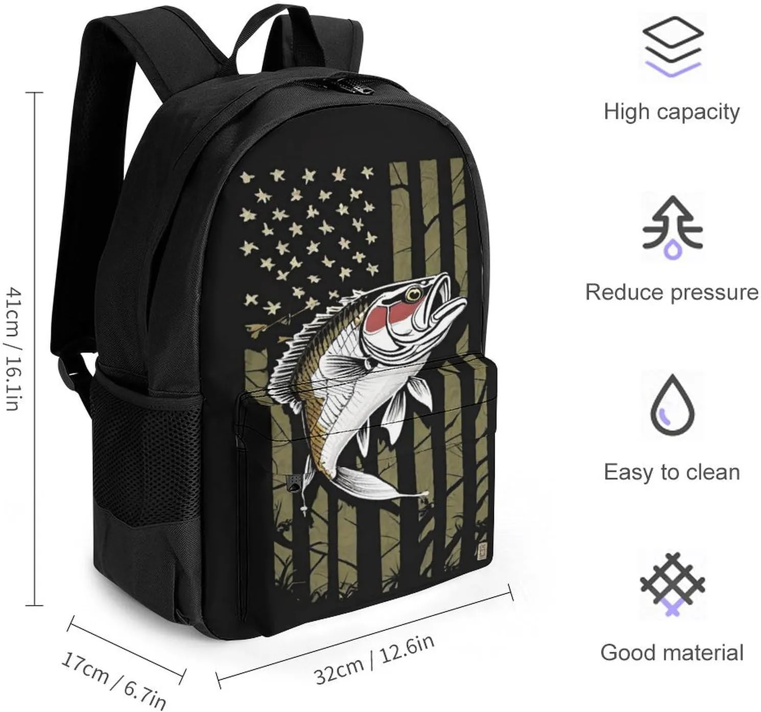 Men Women Lightweight Bass Fishing Lure Camo Camouflage American Fl Casual Daypack Big Capacity Bookbag With Padded Straps for Gym Travel Walking Cycling