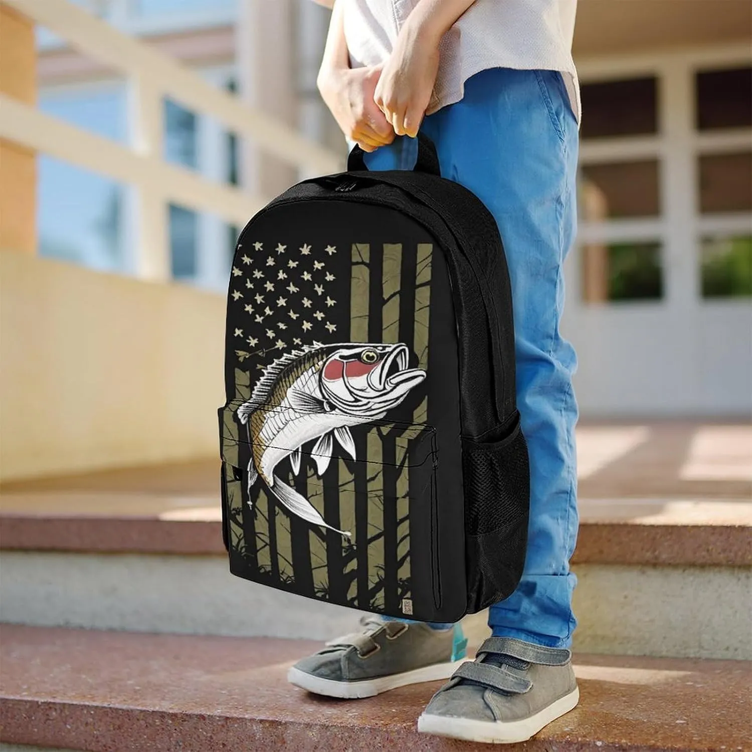 Men Women Lightweight Bass Fishing Lure Camo Camouflage American Fl Casual Daypack Big Capacity Bookbag With Padded Straps for Gym Travel Walking Cycling