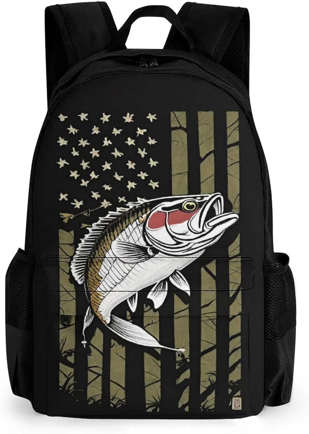 Men Women Lightweight Bass Fishing Lure Camo Camouflage American Fl Casual Daypack Big Capacity Bookbag With Padded Straps for Gym Travel Walking Cycling