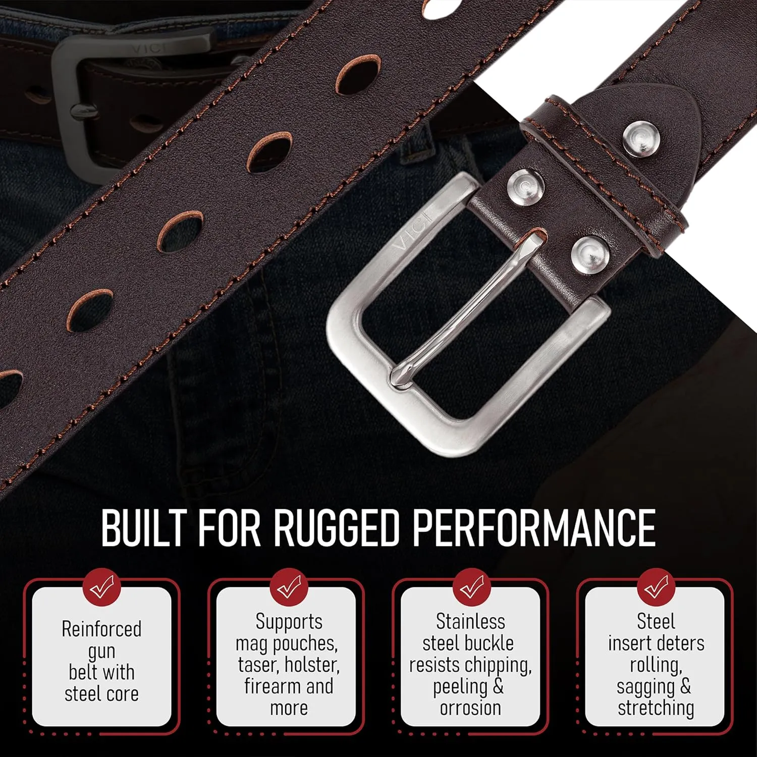 Men's Steel Core Leather Gun Belt for Concealed Carry
