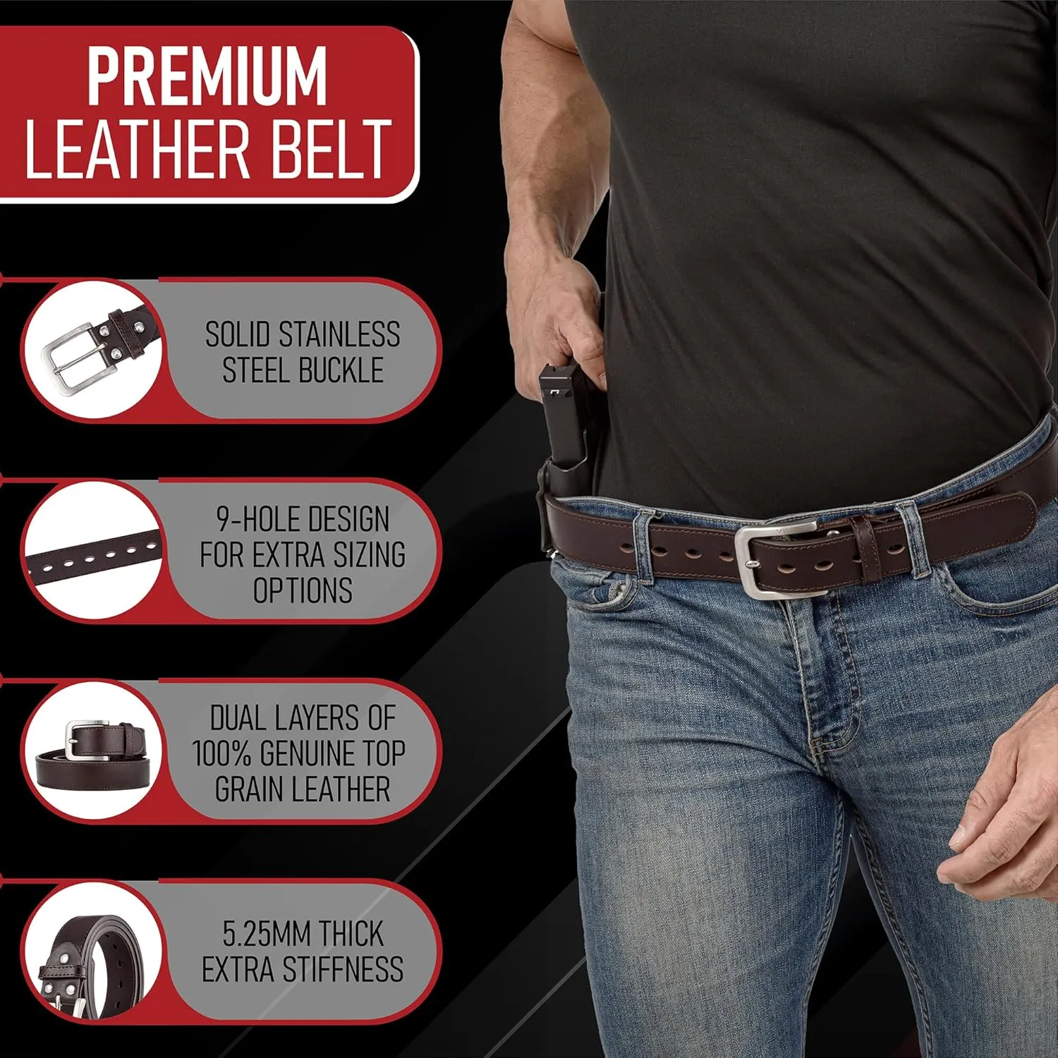 Men's Steel Core Leather Gun Belt for Concealed Carry