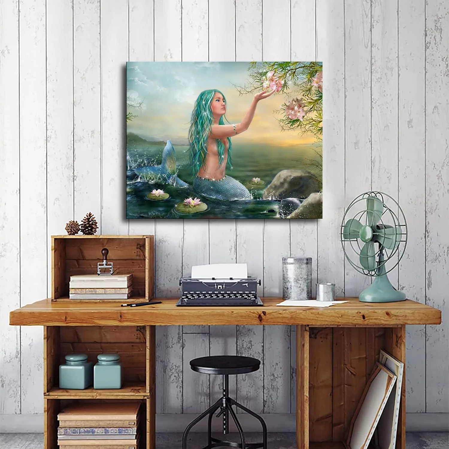 Mermaid In The Lake - Landscape Canvas Canvas Poster Modern Aesthetic Picture Wall Art Home Office Decoration Painting Holiday Gift (Framed,16×20inch)