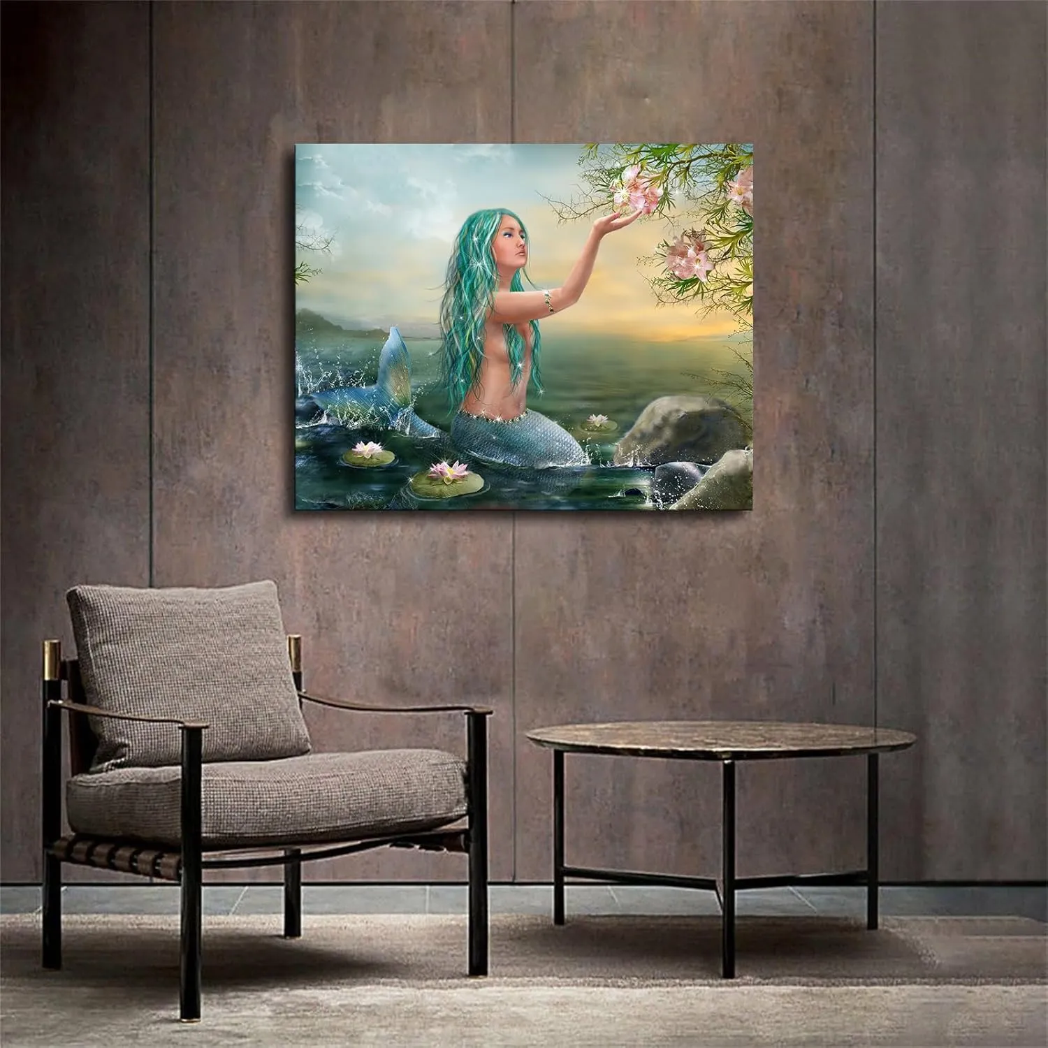 Mermaid In The Lake - Landscape Canvas Canvas Poster Modern Aesthetic Picture Wall Art Home Office Decoration Painting Holiday Gift (Framed,16×20inch)