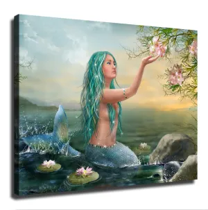 Mermaid In The Lake - Landscape Canvas Canvas Poster Modern Aesthetic Picture Wall Art Home Office Decoration Painting Holiday Gift (Framed,16×20inch)