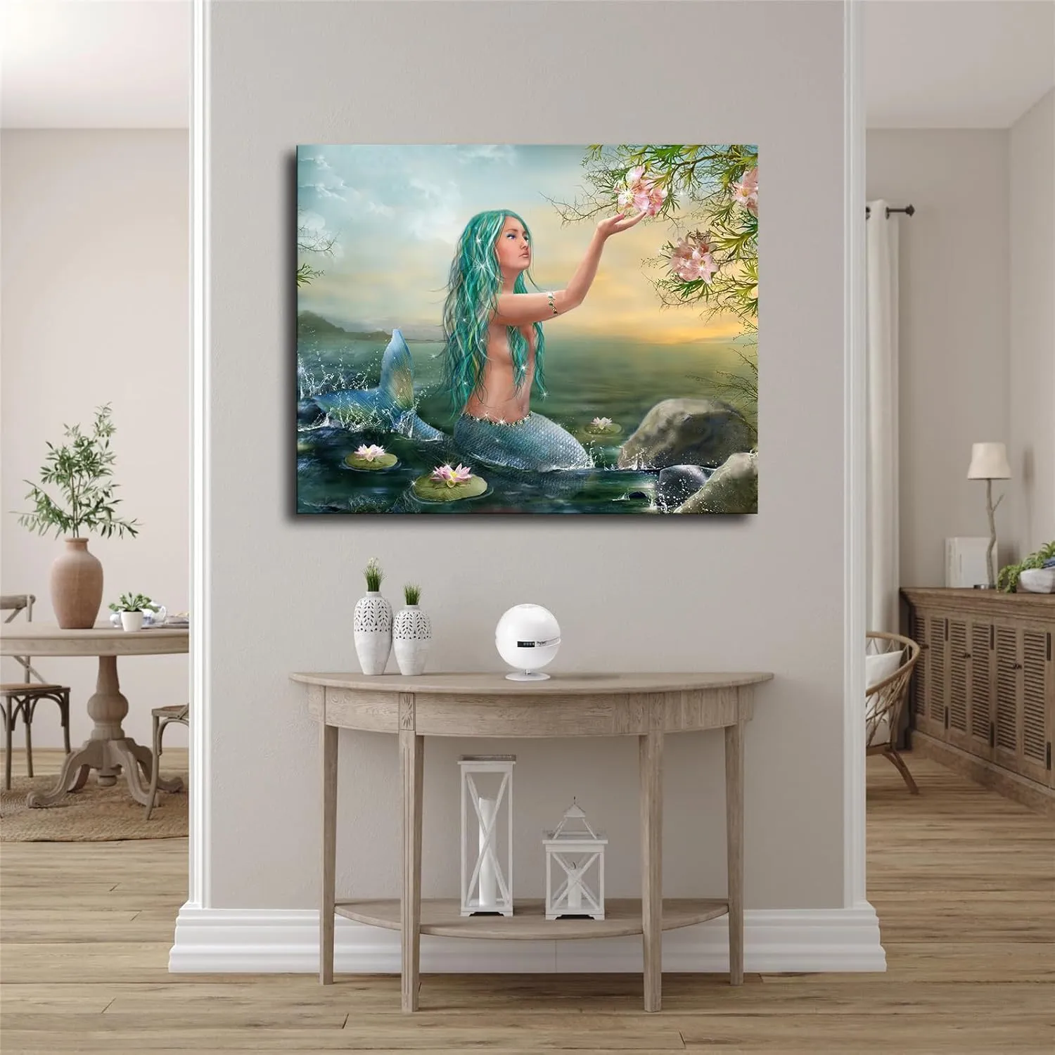 Mermaid In The Lake - Landscape Canvas Canvas Poster Modern Aesthetic Picture Wall Art Home Office Decoration Painting Holiday Gift (Framed,16×20inch)