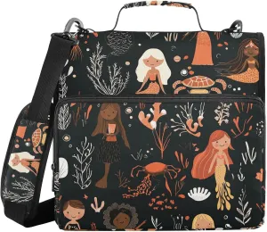 Mermaids Princess Sea Animals Black Zipper Binder with Shoulder Strap Trapper Keeper 3 Ring Binder Organizer Large Capacity Multiple Compartments for School Office