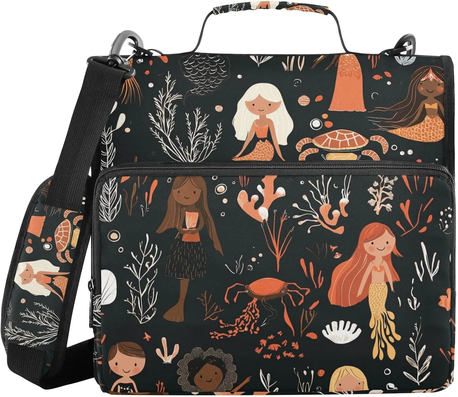 Mermaids Princess Sea Animals Black Zipper Binder with Shoulder Strap Trapper Keeper 3 Ring Binder Organizer Large Capacity Multiple Compartments for School Office