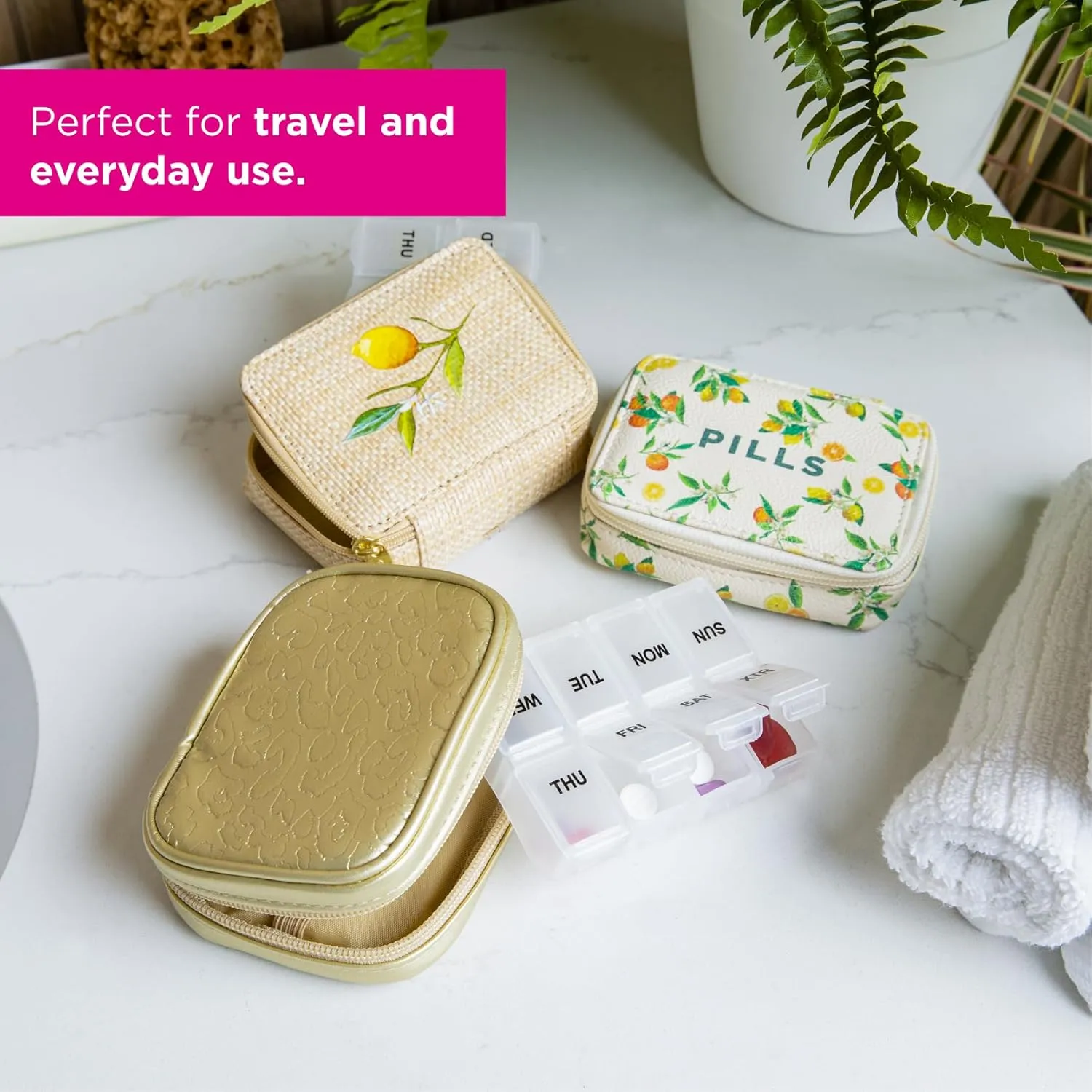 Miamica Zippered Pill Case with 7-Day Removable Plastic Medicine Organizer, Yellow, 3.5” L x 2.75” W x 1.25” H – Keep Your Vitamins and Pills Organized – Compact and Sleek Pill Box