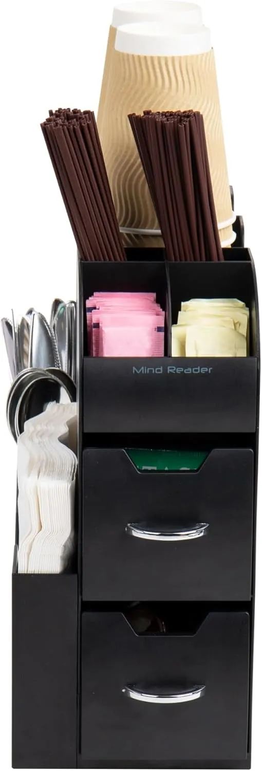Mind Reader Cup and Condiment Station, Countertop Organizer, Coffee Bar, Kitchen, 5.375" L x 12" W x 11.25" H, Set of 2, Black