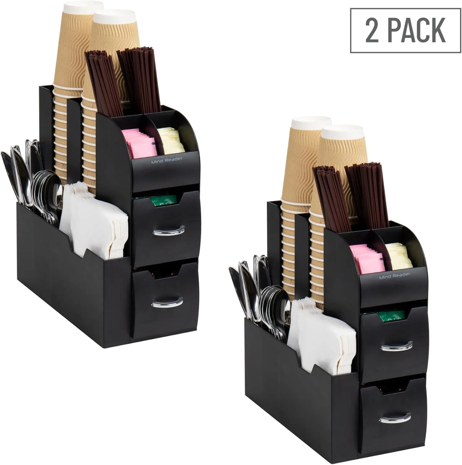 Mind Reader Cup and Condiment Station, Countertop Organizer, Coffee Bar, Kitchen, 5.375" L x 12" W x 11.25" H, Set of 2, Black