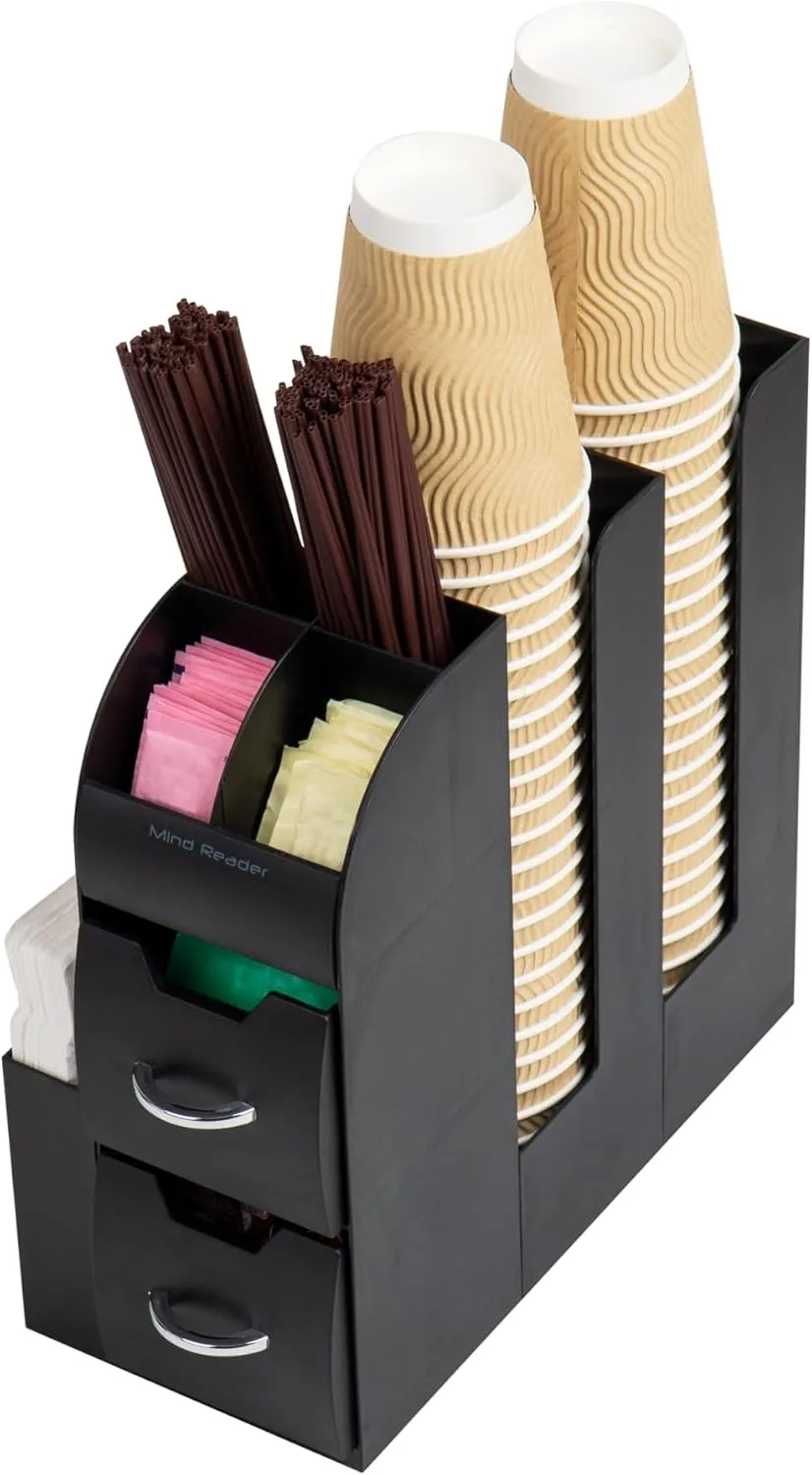 Mind Reader Cup and Condiment Station, Countertop Organizer, Coffee Bar, Kitchen, 5.375" L x 12" W x 11.25" H, Set of 2, Black