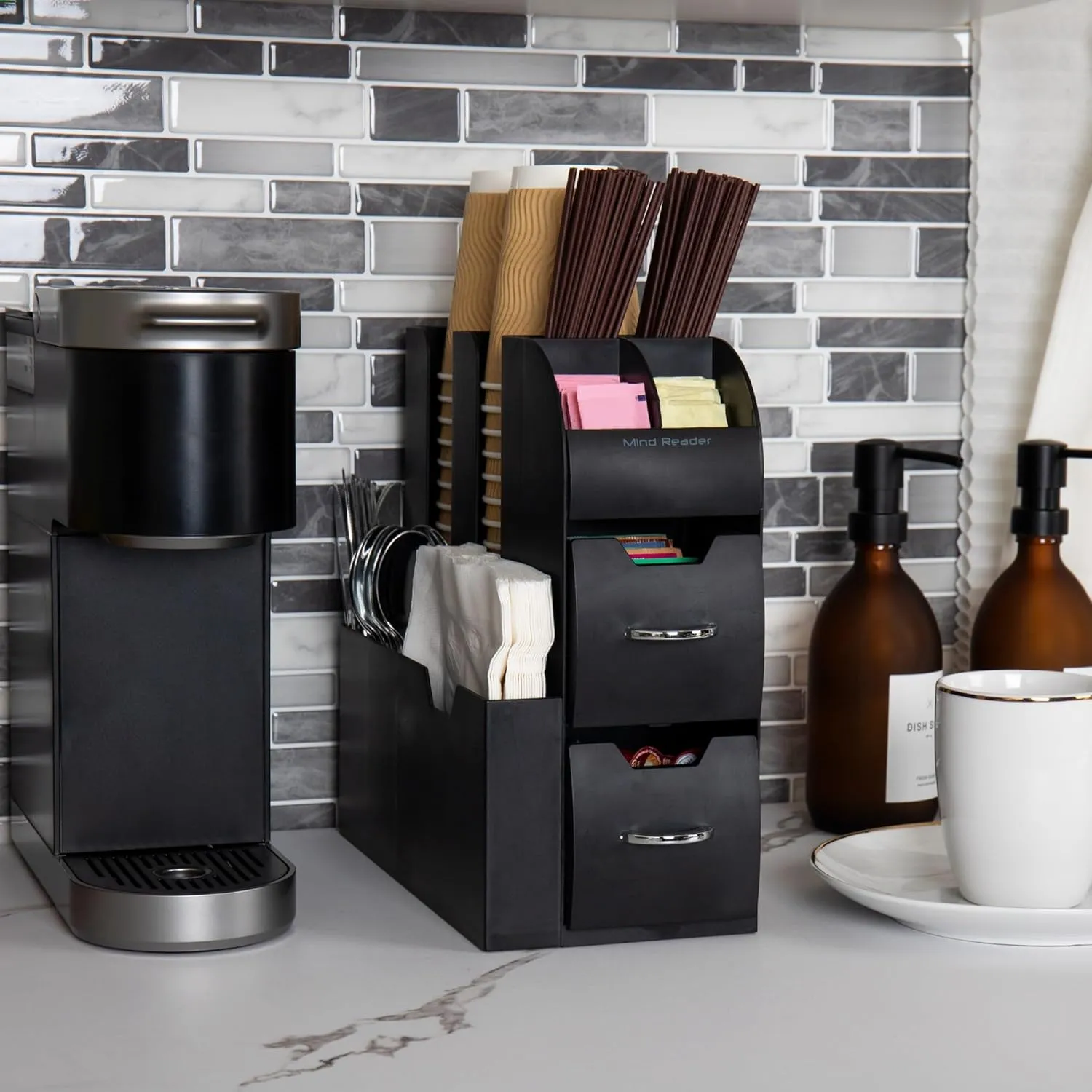 Mind Reader Cup and Condiment Station, Countertop Organizer, Coffee Bar, Kitchen, 5.375" L x 12" W x 11.25" H, Set of 2, Black