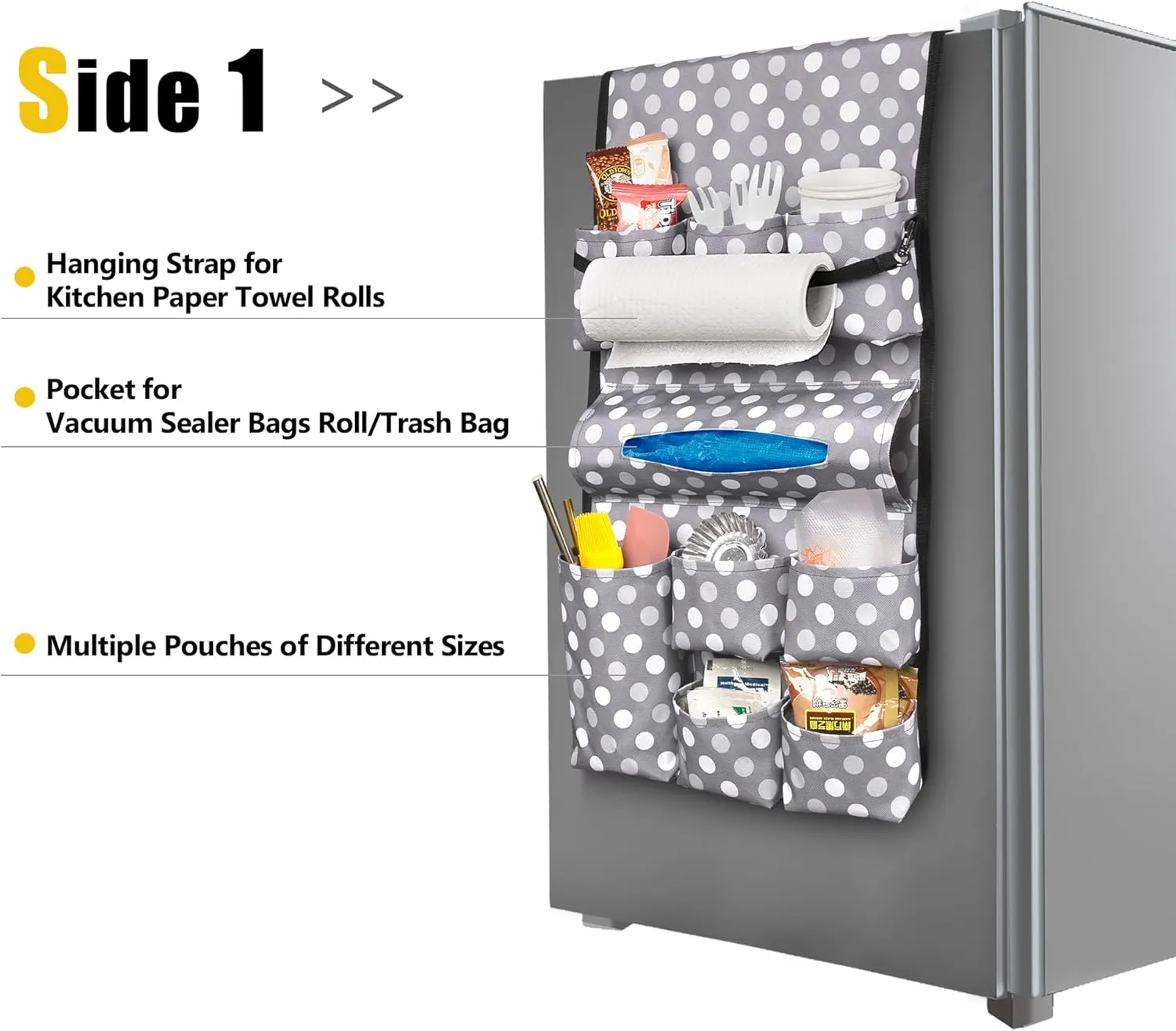Mini Fridge Organizer, Dust Cover with 14 Pockets for Most Household Refrigerators, Hanging Mini Fridge Caddy Organizer Storage Bag for Dorm, Office, Kitchen, Home, School, Dots