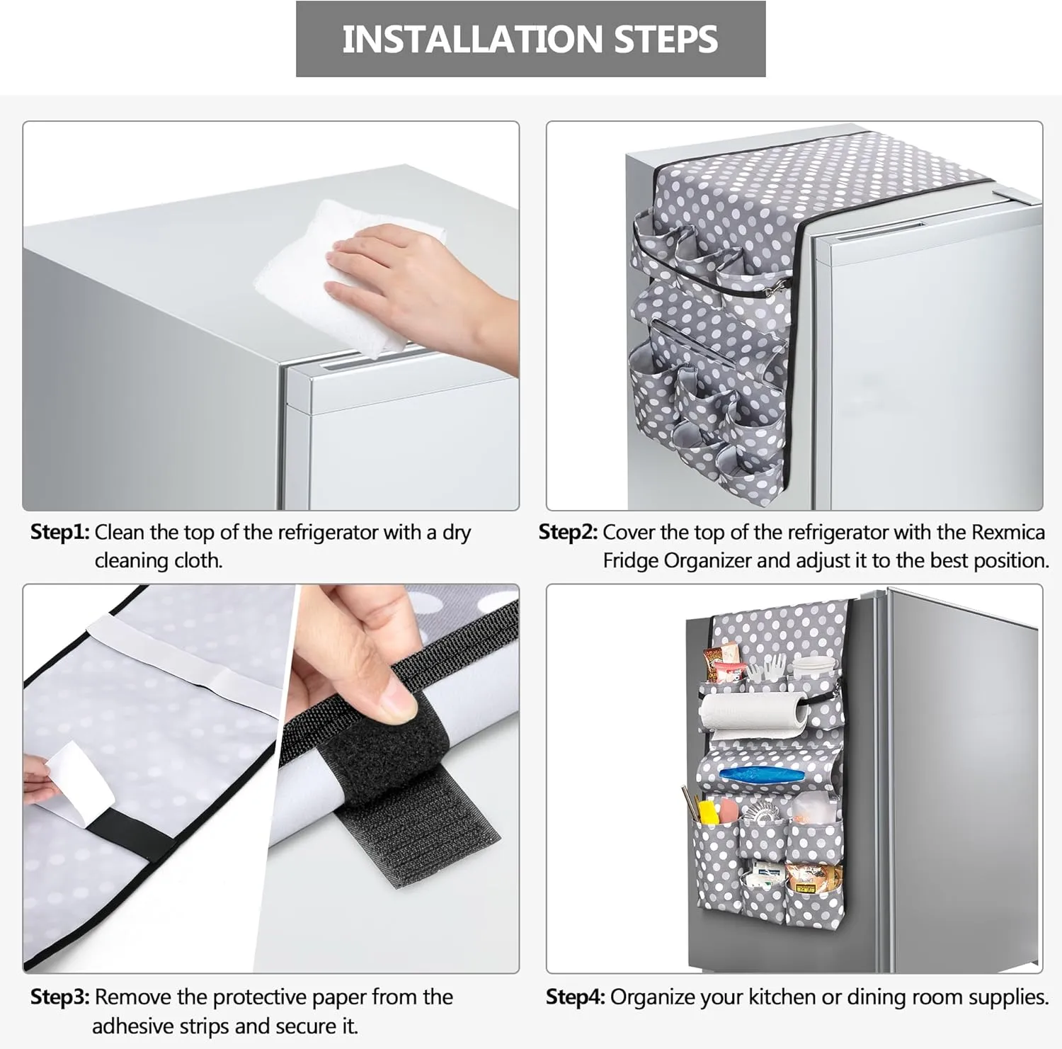 Mini Fridge Organizer, Dust Cover with 14 Pockets for Most Household Refrigerators, Hanging Mini Fridge Caddy Organizer Storage Bag for Dorm, Office, Kitchen, Home, School, Dots