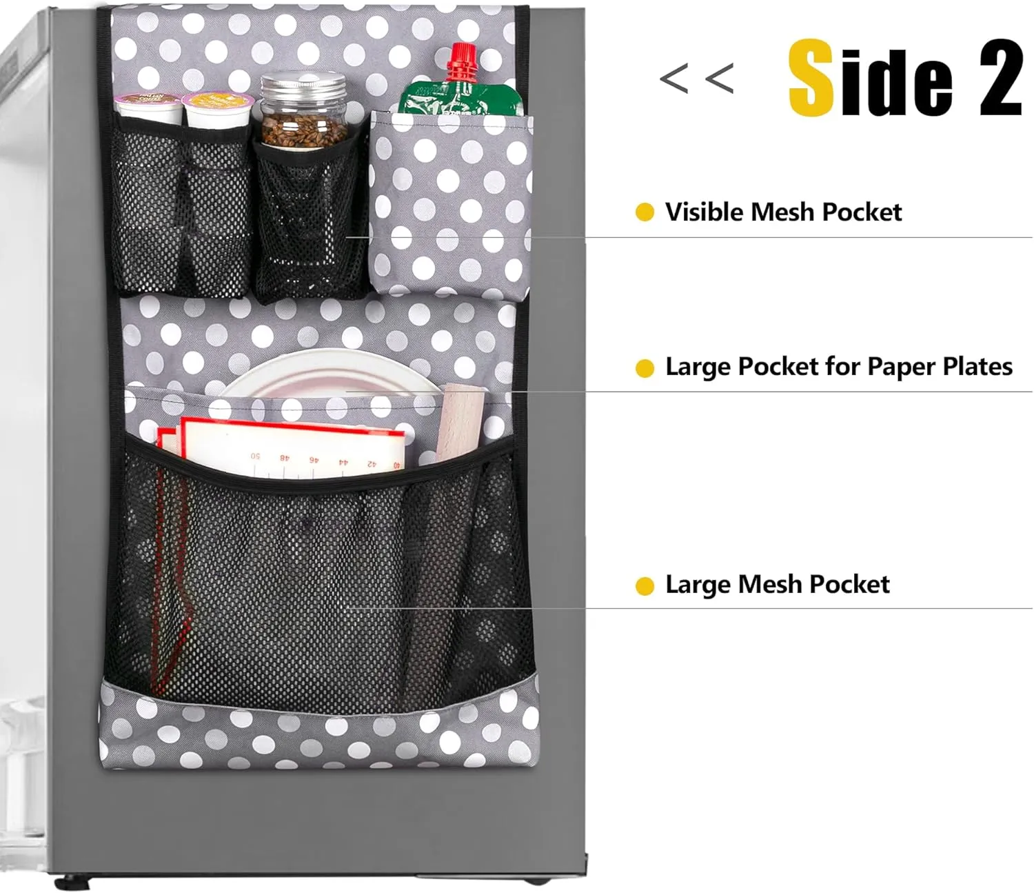 Mini Fridge Organizer, Dust Cover with 14 Pockets for Most Household Refrigerators, Hanging Mini Fridge Caddy Organizer Storage Bag for Dorm, Office, Kitchen, Home, School, Dots