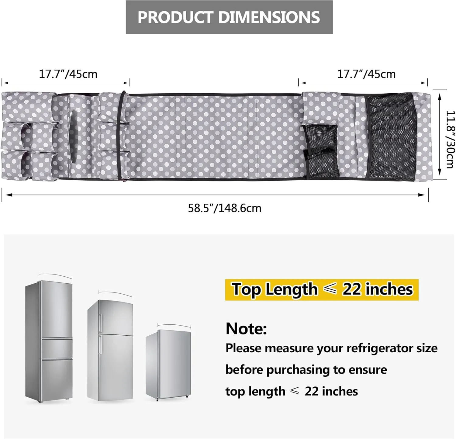 Mini Fridge Organizer, Dust Cover with 14 Pockets for Most Household Refrigerators, Hanging Mini Fridge Caddy Organizer Storage Bag for Dorm, Office, Kitchen, Home, School, Dots