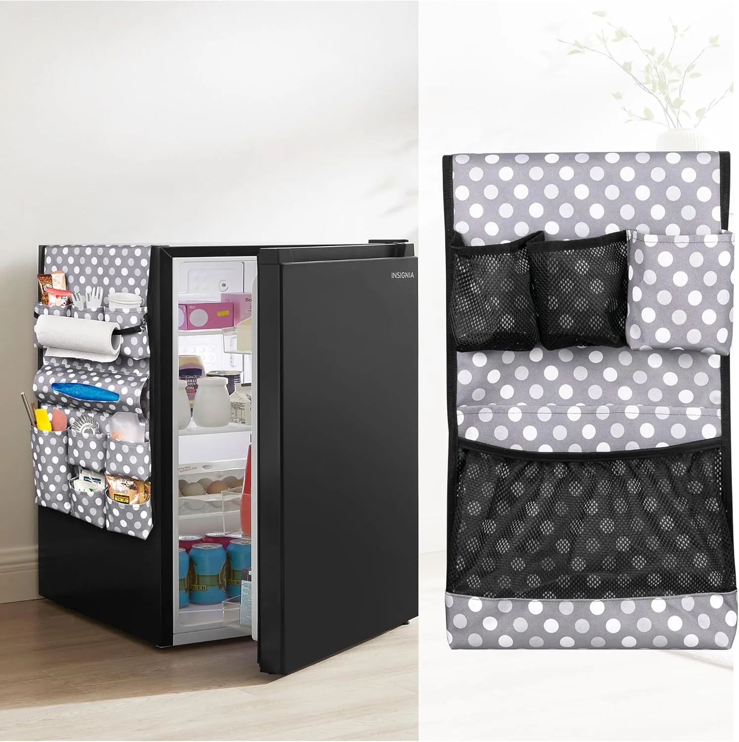 Mini Fridge Organizer, Dust Cover with 14 Pockets for Most Household Refrigerators, Hanging Mini Fridge Caddy Organizer Storage Bag for Dorm, Office, Kitchen, Home, School, Dots