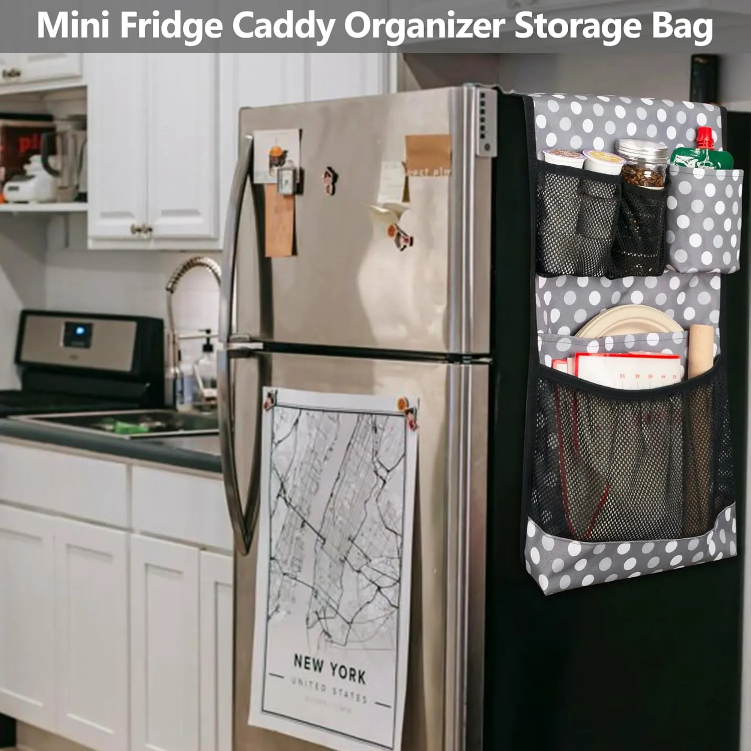 Mini Fridge Organizer, Dust Cover with 14 Pockets for Most Household Refrigerators, Hanging Mini Fridge Caddy Organizer Storage Bag for Dorm, Office, Kitchen, Home, School, Dots