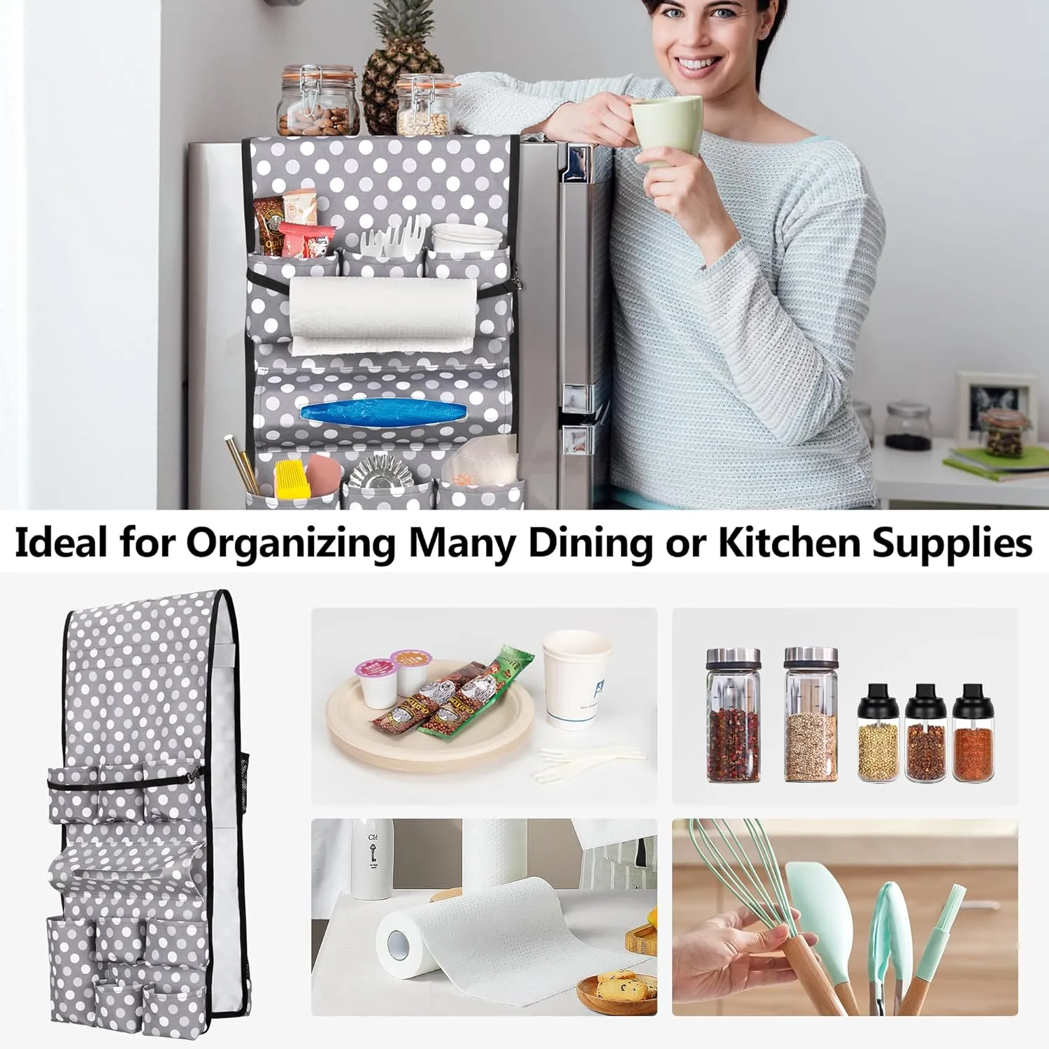 Mini Fridge Organizer, Dust Cover with 14 Pockets for Most Household Refrigerators, Hanging Mini Fridge Caddy Organizer Storage Bag for Dorm, Office, Kitchen, Home, School, Dots