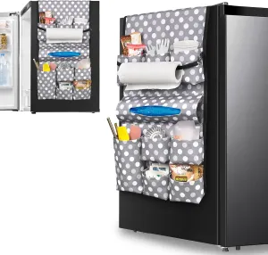 Mini Fridge Organizer, Dust Cover with 14 Pockets for Most Household Refrigerators, Hanging Mini Fridge Caddy Organizer Storage Bag for Dorm, Office, Kitchen, Home, School, Dots