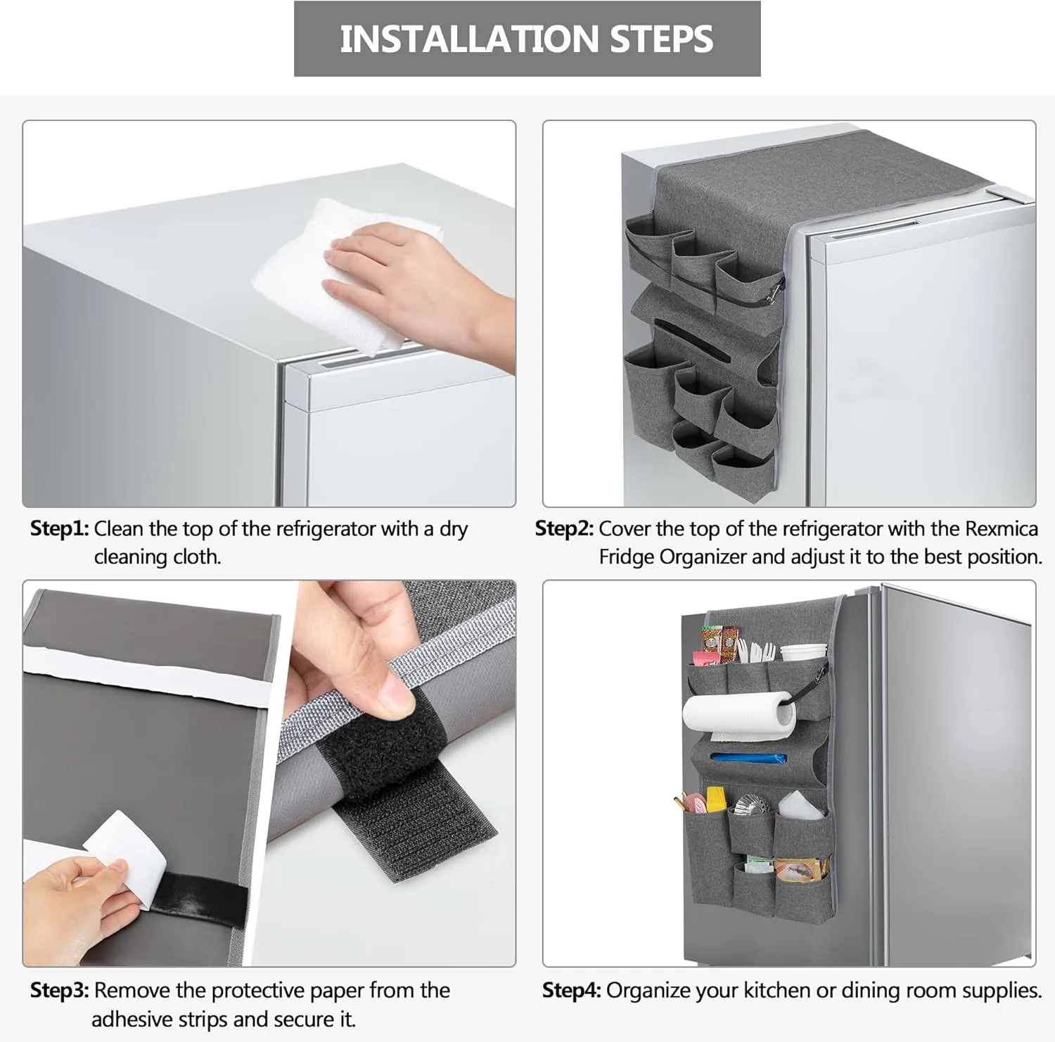 Mini Fridge Organizer, Dust Cover with 14 Pockets for Most Household Refrigerators, Hanging Mini Fridge Caddy Organizer Storage Bag for Dorm, Office, Kitchen, Home, School, Gray
