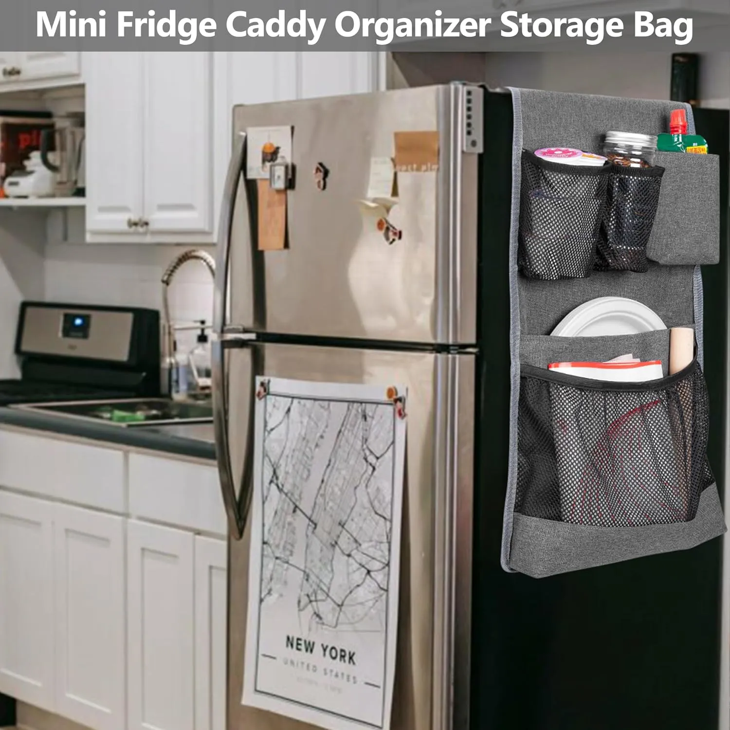 Mini Fridge Organizer, Dust Cover with 14 Pockets for Most Household Refrigerators, Hanging Mini Fridge Caddy Organizer Storage Bag for Dorm, Office, Kitchen, Home, School, Gray