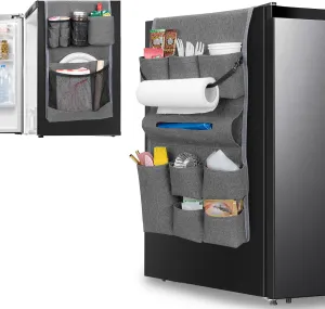 Mini Fridge Organizer, Dust Cover with 14 Pockets for Most Household Refrigerators, Hanging Mini Fridge Caddy Organizer Storage Bag for Dorm, Office, Kitchen, Home, School, Gray