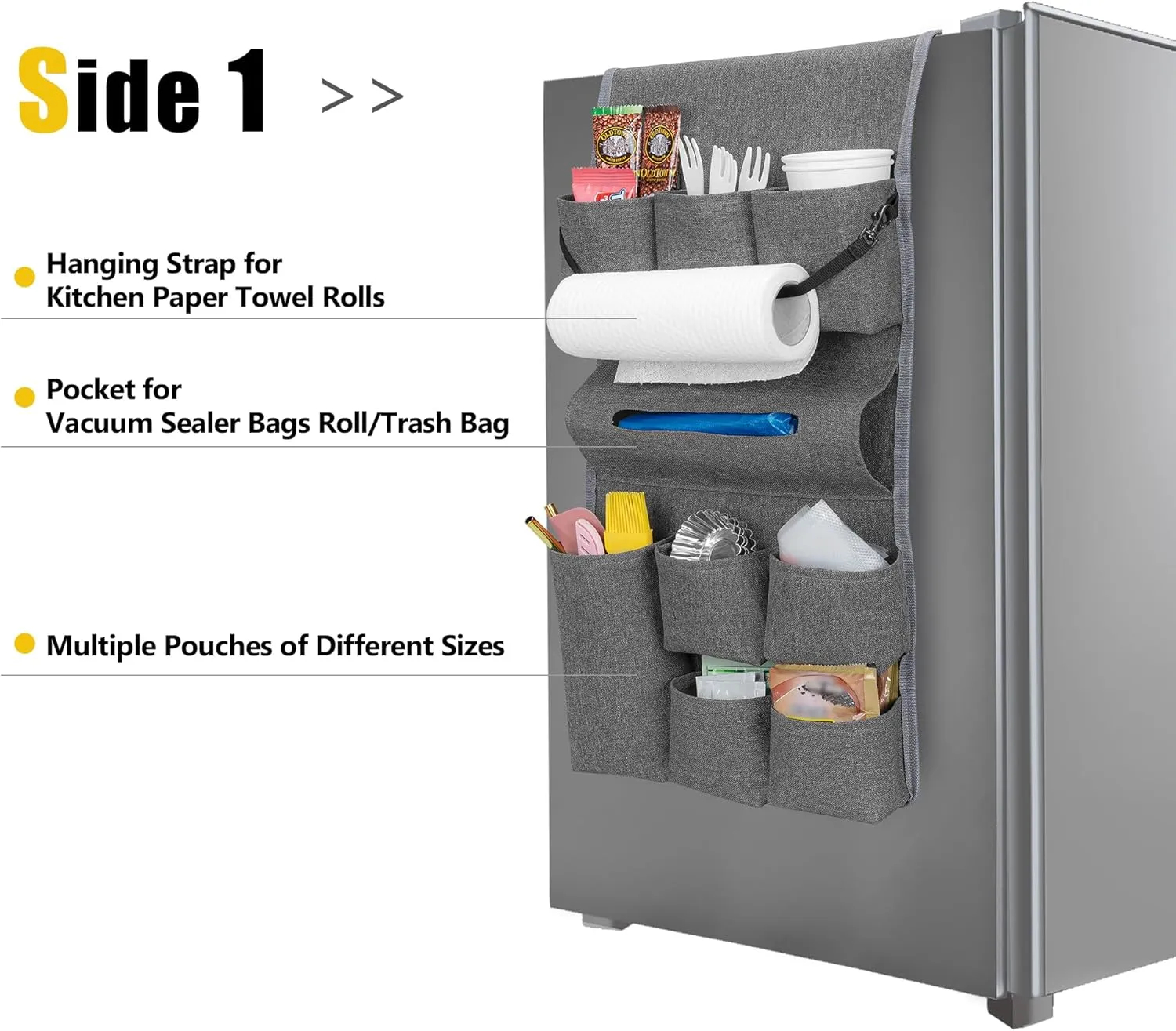 Mini Fridge Organizer, Dust Cover with 14 Pockets for Most Household Refrigerators, Hanging Mini Fridge Caddy Organizer Storage Bag for Dorm, Office, Kitchen, Home, School, Gray